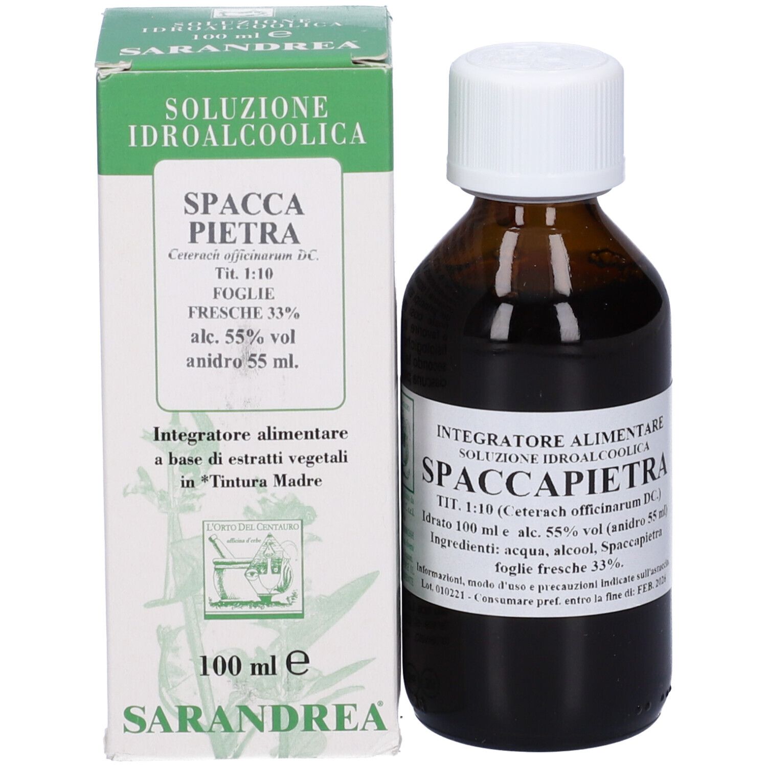 Flacone di vetro marrone con tappo bianco ed etichetta, accanto a scatola. Testo: Spaccapietra, 100 ml.
