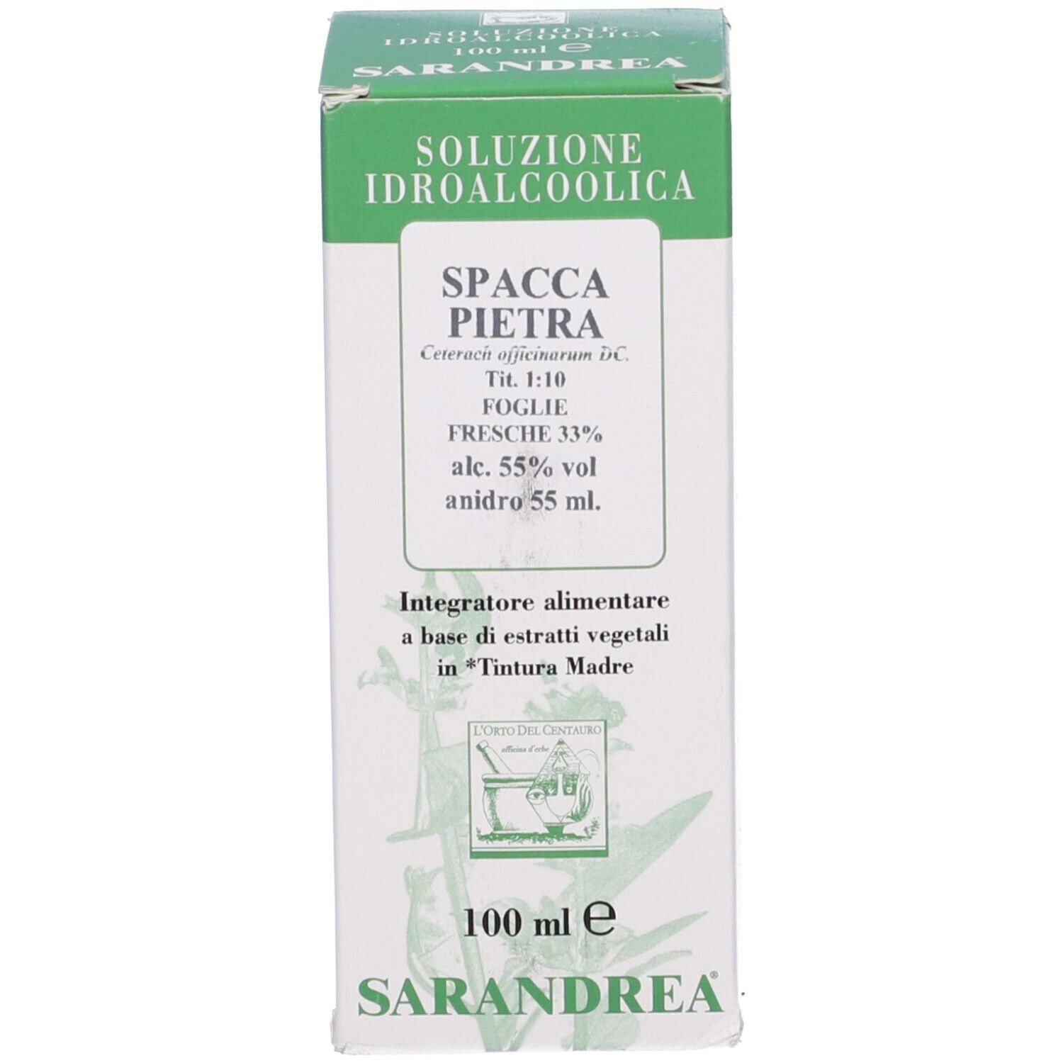 Scatola bianca con informazioni sul prodotto. Testo: Spaccapietra, 100 ml.