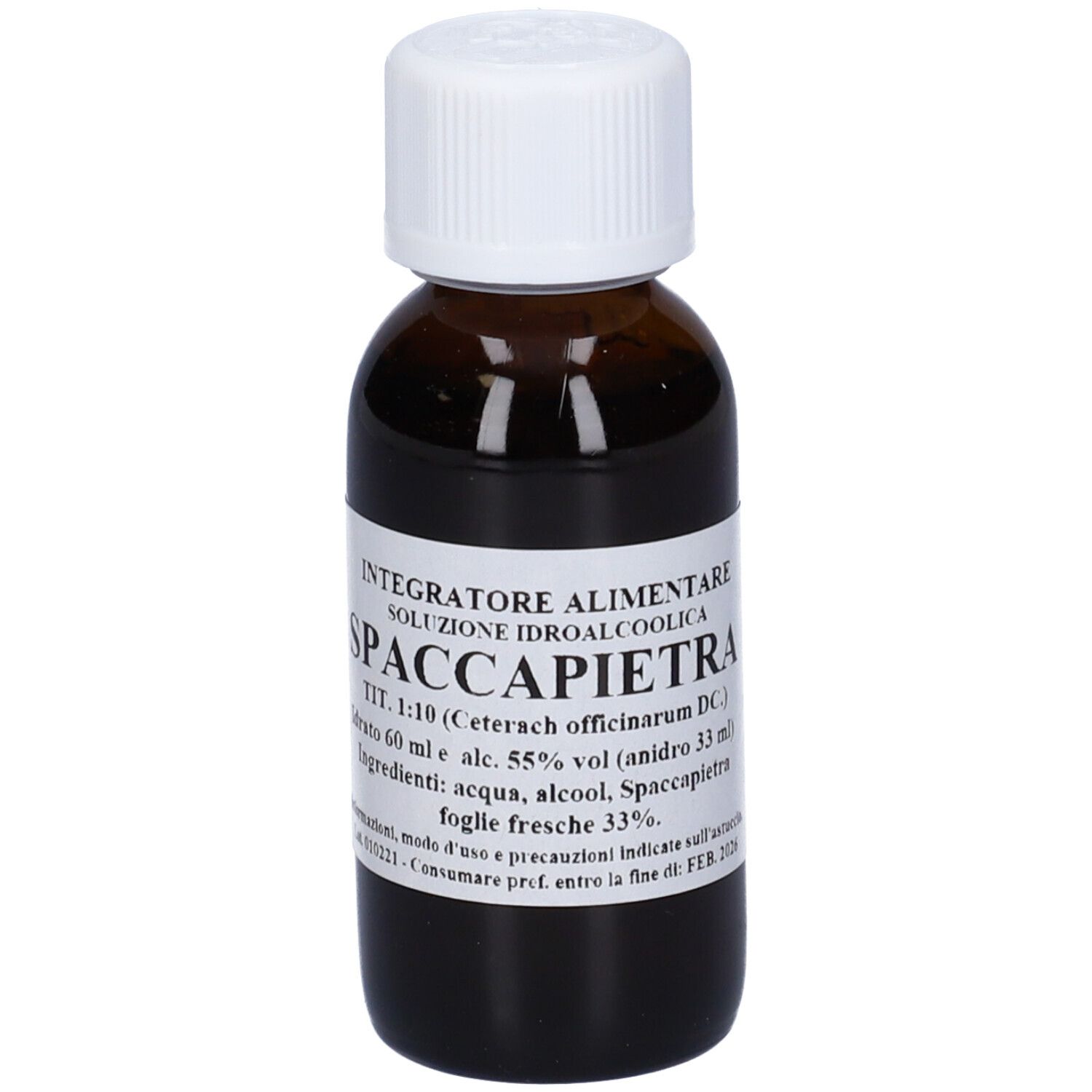 Flacone di vetro marrone con tappo bianco. L'etichetta riporta 'SPACCAPIETRA'.