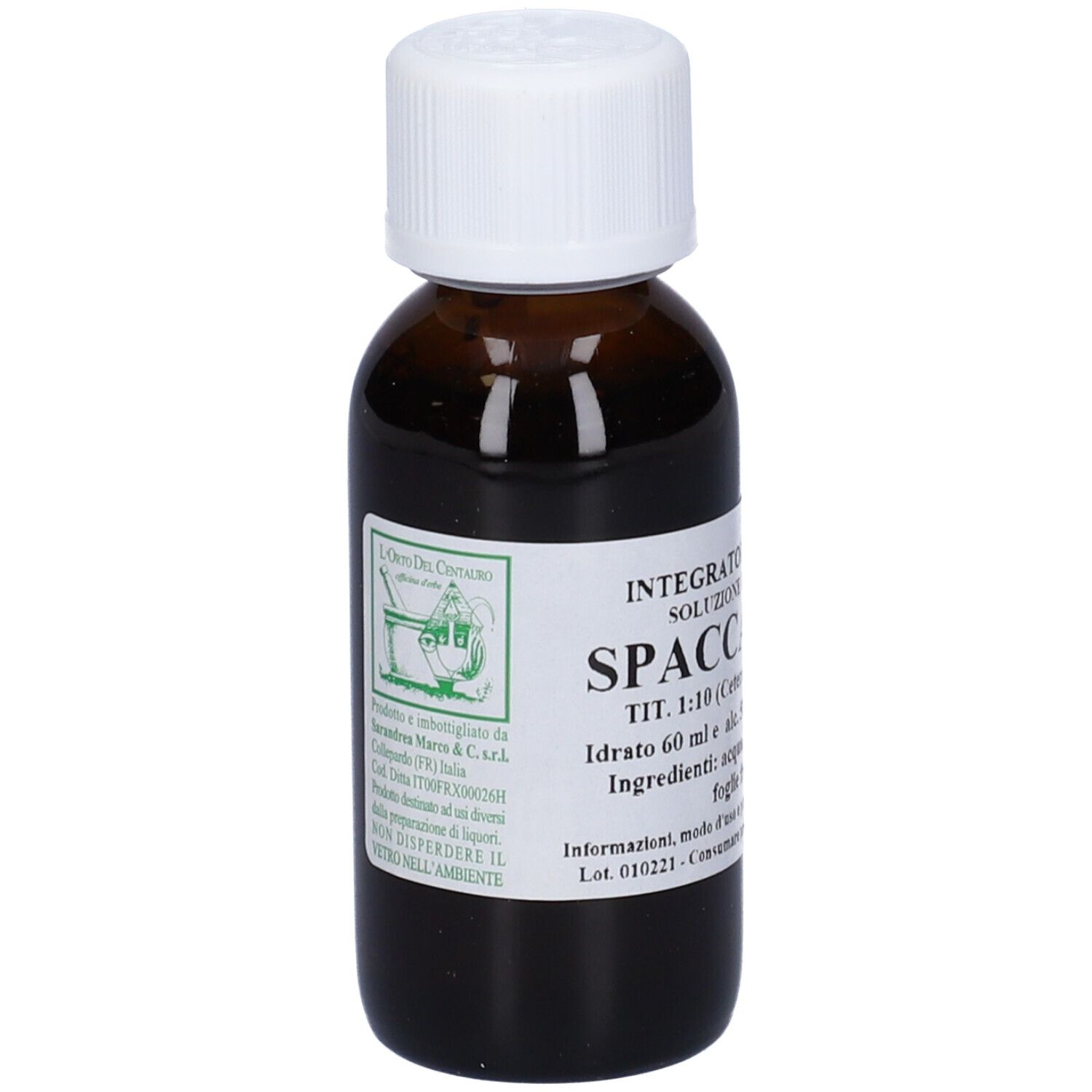 Flacone di vetro marrone con tappo bianco. L'etichetta riporta 'SPACCAPIETRA'.