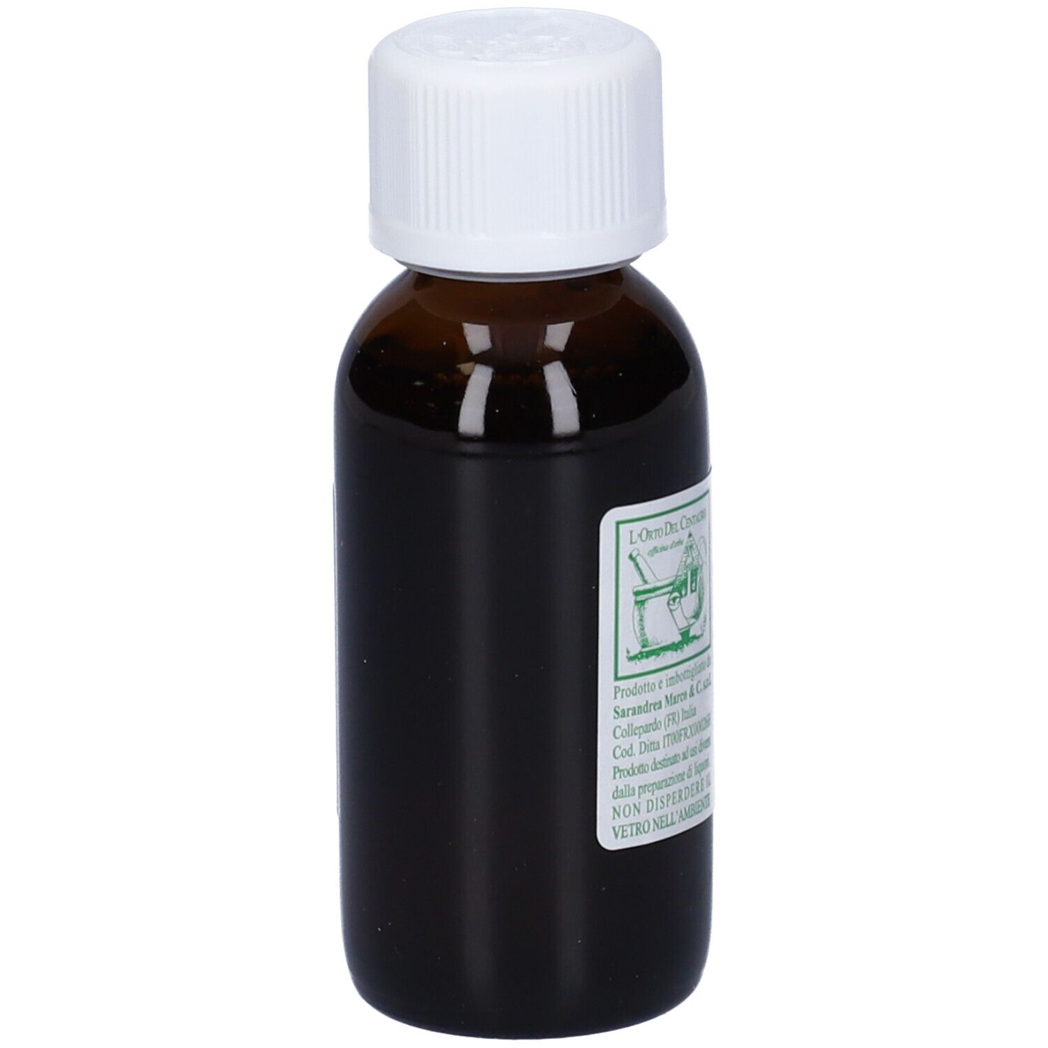 Flacone di vetro marrone con tappo bianco. L'etichetta riporta 'SPACCAPIETRA'.