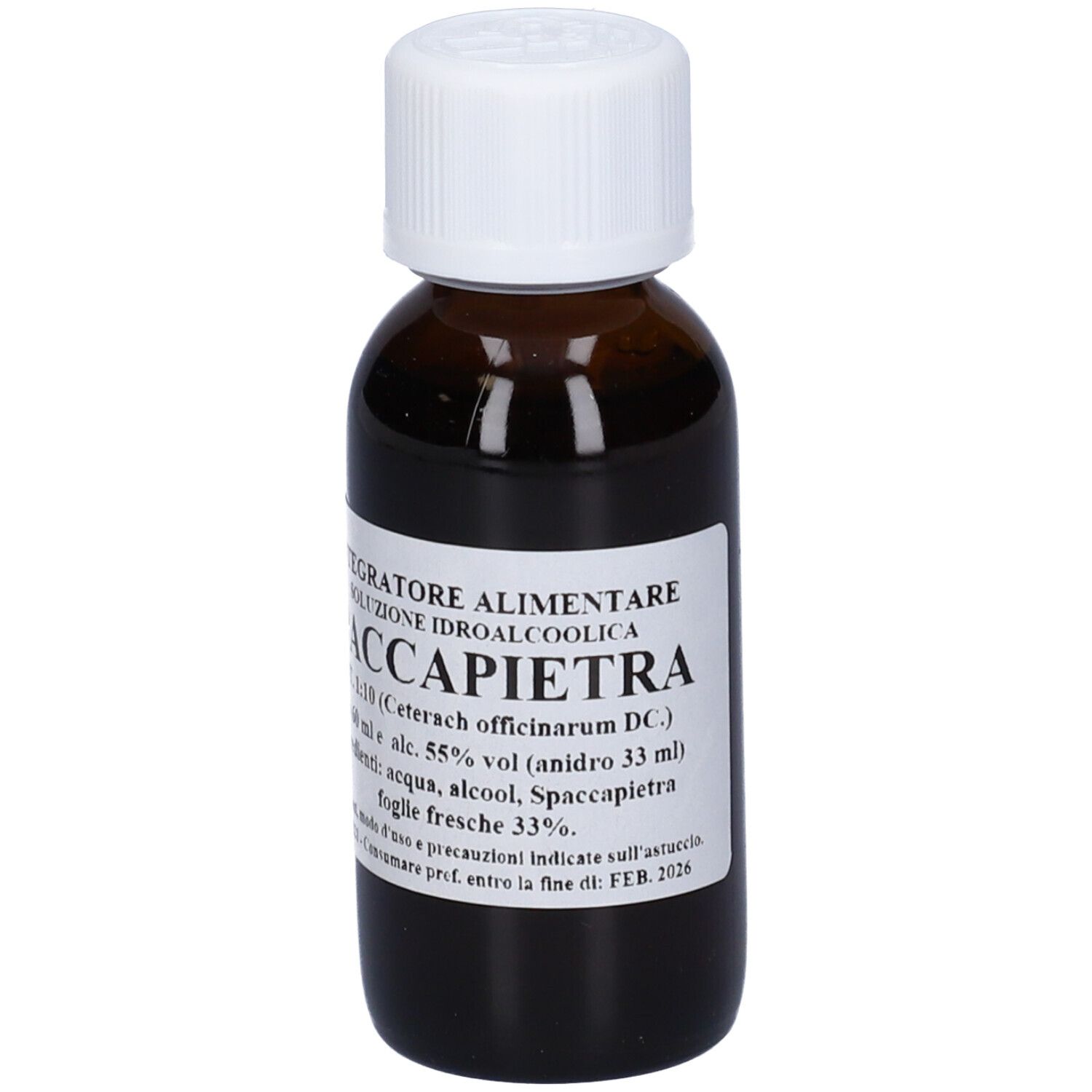 Flacone di vetro marrone con tappo bianco. L'etichetta riporta 'SPACCAPIETRA'.