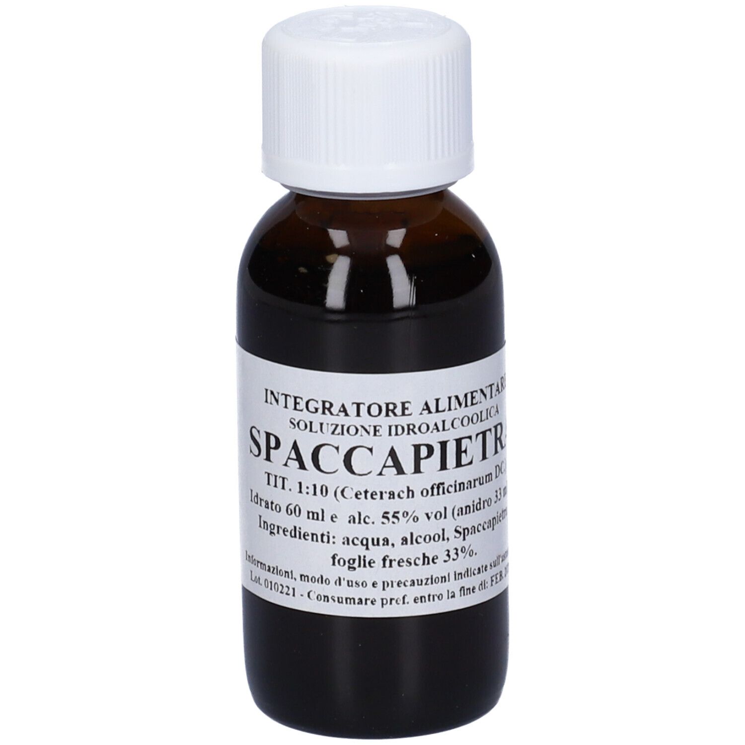 Flacone di vetro marrone con tappo bianco. L'etichetta riporta 'SPACCAPIETRA'.