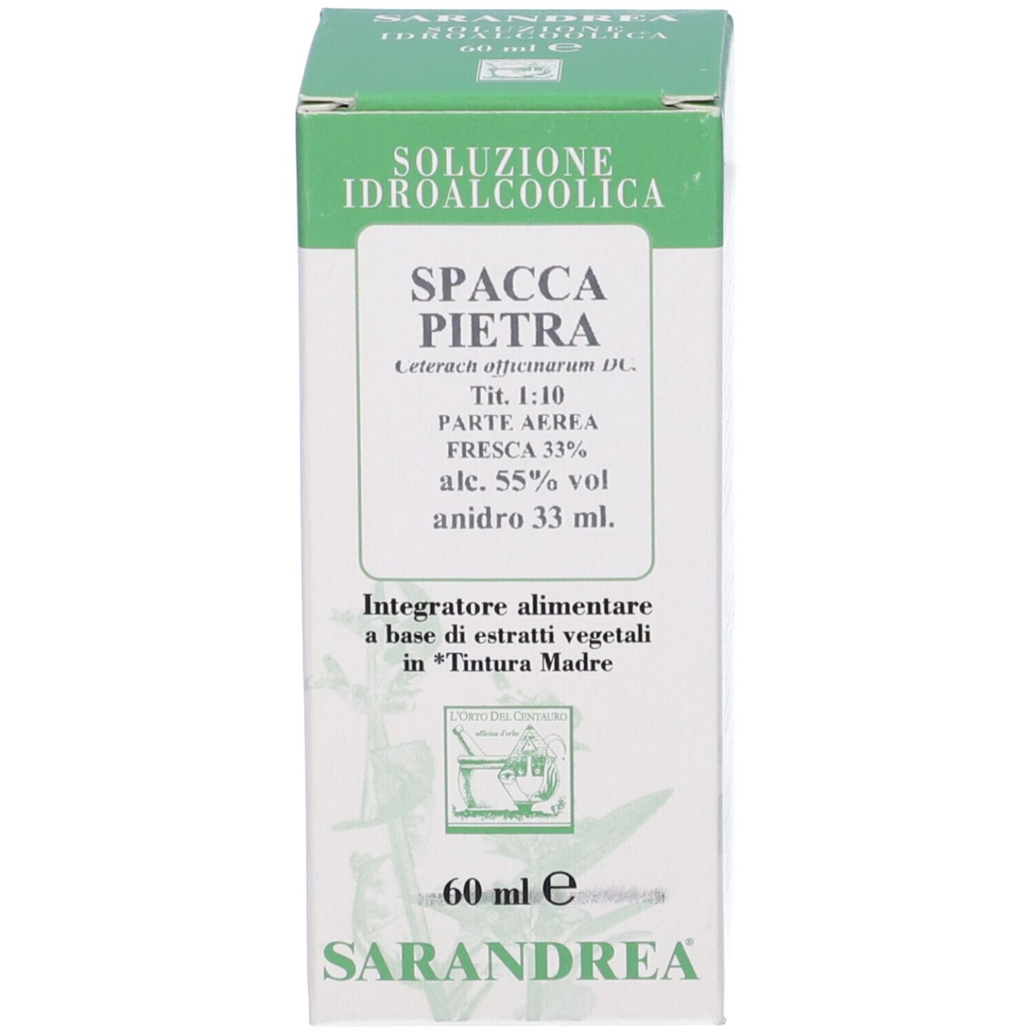 Scatola verde con informazioni sul prodotto. Sulla scatola c'è scritto 'SPACCAPIETRA'.