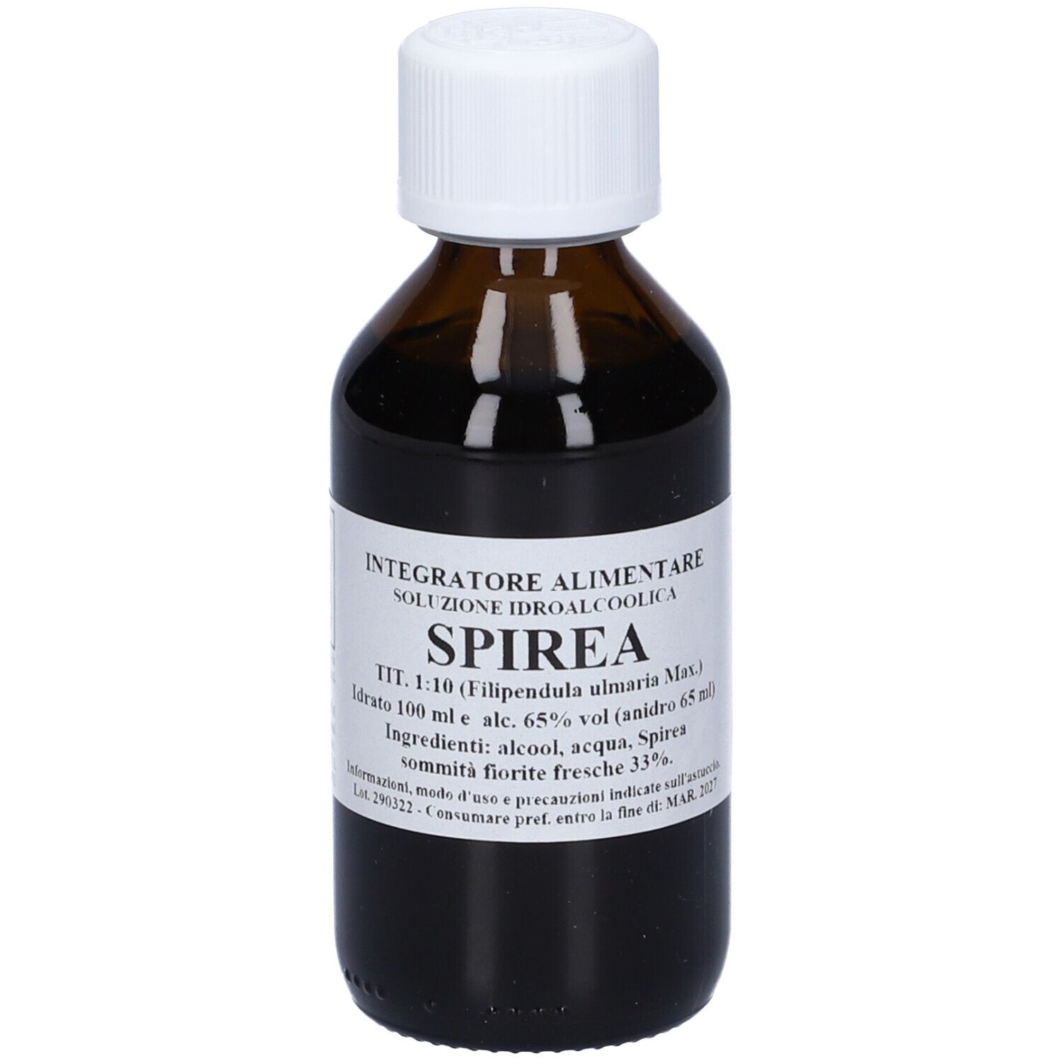 Flacone di vetro marrone con tappo bianco ed etichetta. L'etichetta dice 'Spirea'.