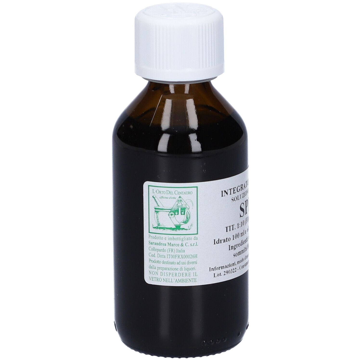 Flacone di vetro marrone con tappo bianco ed etichetta. L'etichetta dice 'Spirea'.