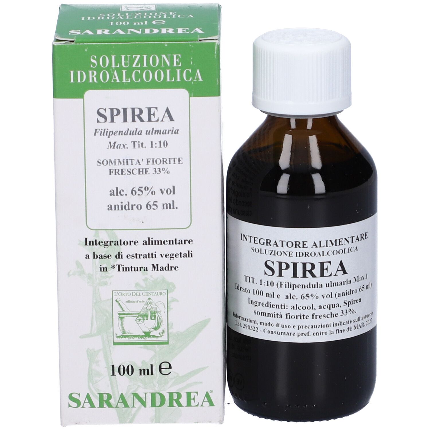 Flacone di vetro marrone con tappo bianco ed etichetta, accanto a una scatola. L'etichetta dice 'Spirea'.