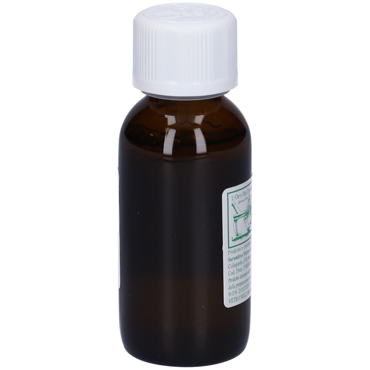 Flacone di vetro marrone con tappo bianco. Etichetta con informazioni prodotto. Logo con mortaio e pestello.