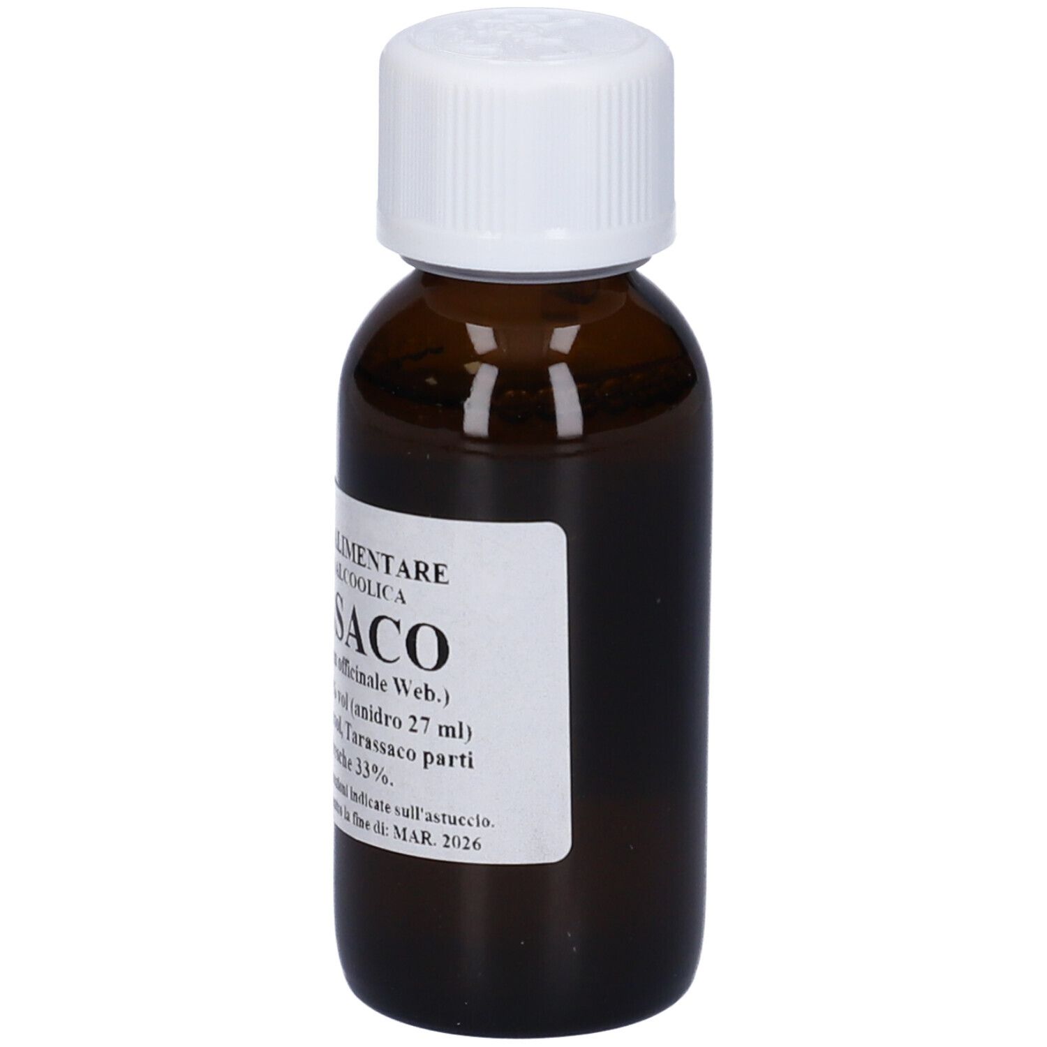 Flacone di vetro marrone con tappo bianco. Etichetta con informazioni prodotto. Testo: TARASSACO, 60 ml.