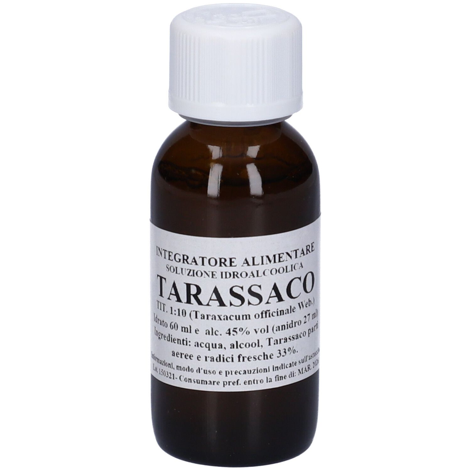 Flacone di vetro marrone con tappo bianco. Etichetta con informazioni prodotto. Testo: TARASSACO, 60 ml.