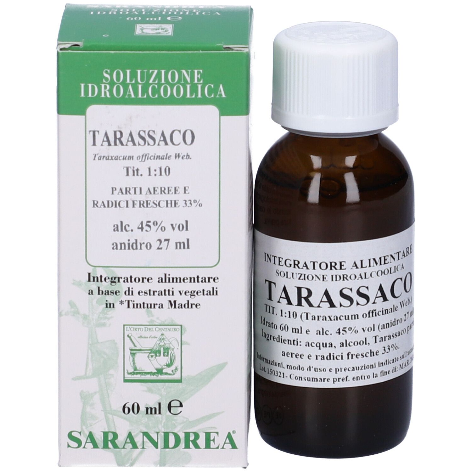 Flacone di vetro marrone con tappo bianco e confezione. Testo: TARASSACO, 60 ml. SARANDREA.