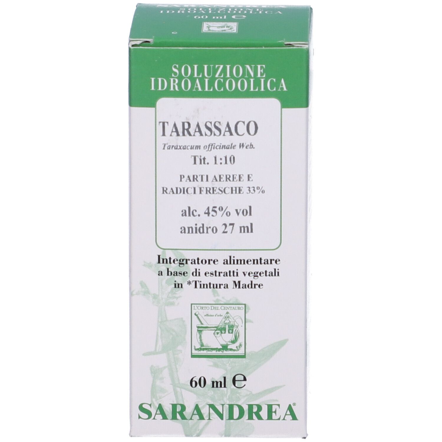 Confezione del prodotto con testo: TARASSACO, 60 ml. Logo con mortaio e pestello. SARANDREA.
