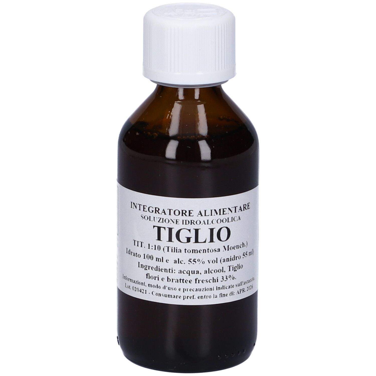Flacone di vetro marrone con tappo bianco. Etichetta con testo. Testo: TIGLIO, 1:10, 100 ml.