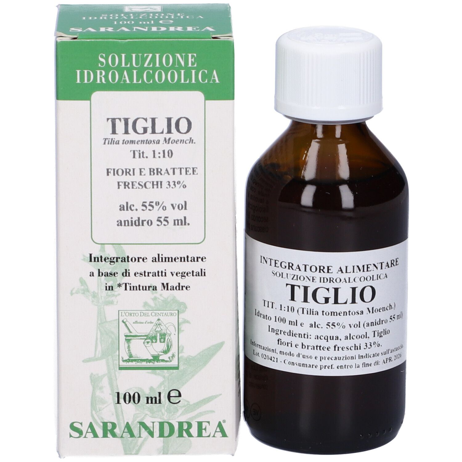Flacone di vetro marrone con tappo bianco e scatola. Testo: TIGLIO, 100 ml. Logo.