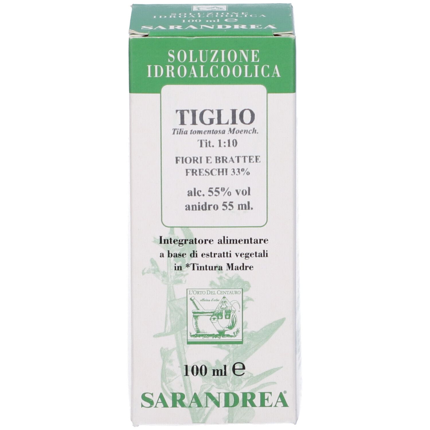 Scatola bianca con logo verde e testo. Testo: TIGLIO, 100 ml.