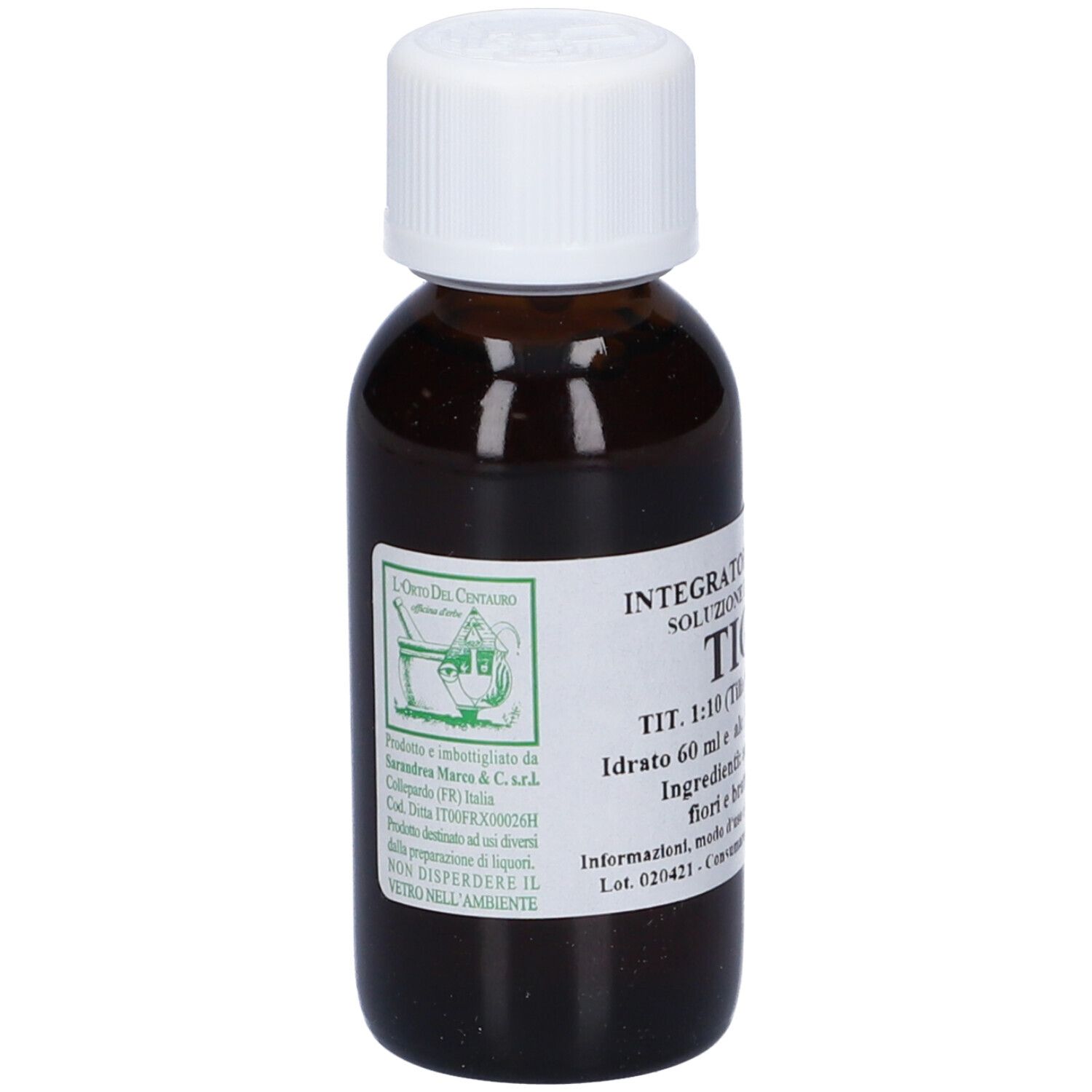 Flacone di vetro marrone con tappo bianco. Etichetta con nome e informazioni sul prodotto.