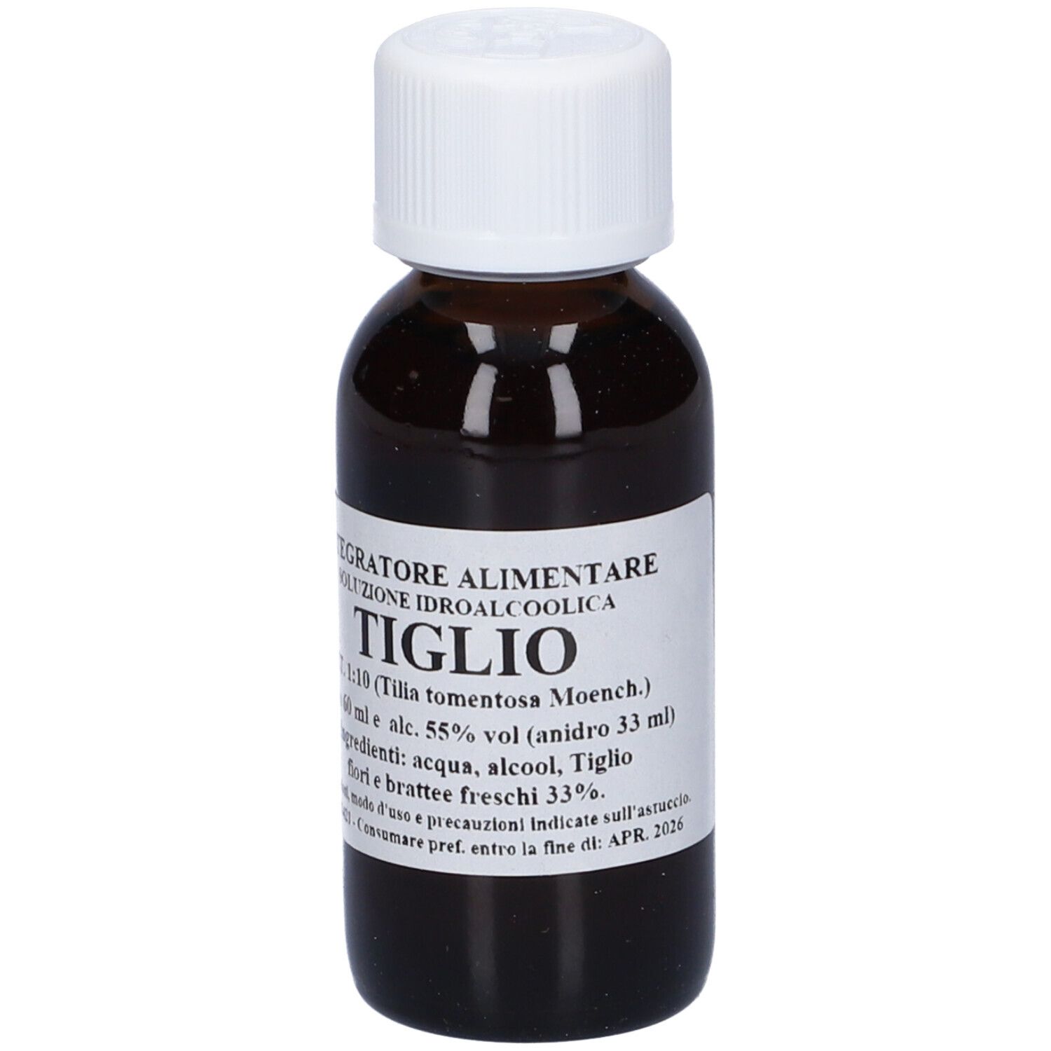 Flacone di vetro marrone con tappo bianco. Etichetta con nome e informazioni sul prodotto.