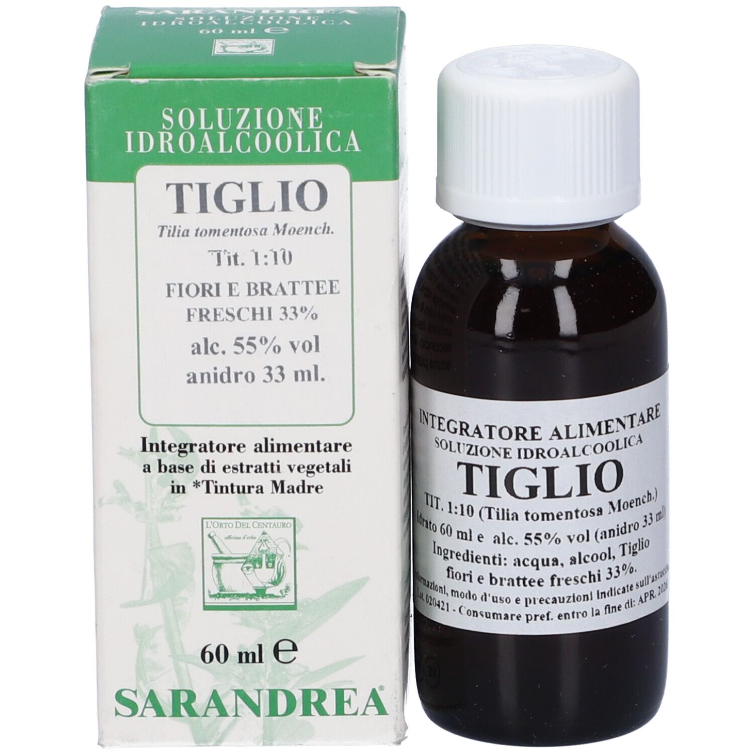 Flacone di vetro marrone con tappo bianco ed etichetta. Scatola verde accanto.