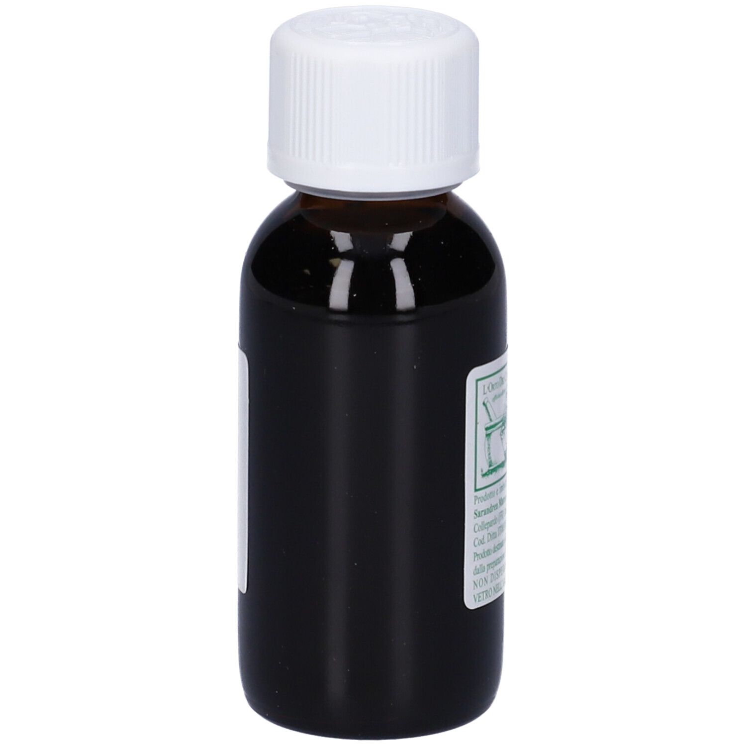 Flacone di vetro marrone con tappo bianco. Etichetta con informazioni sul prodotto. Scritta: Timo 60 ml. Produttore: L'Officina Del Contado.