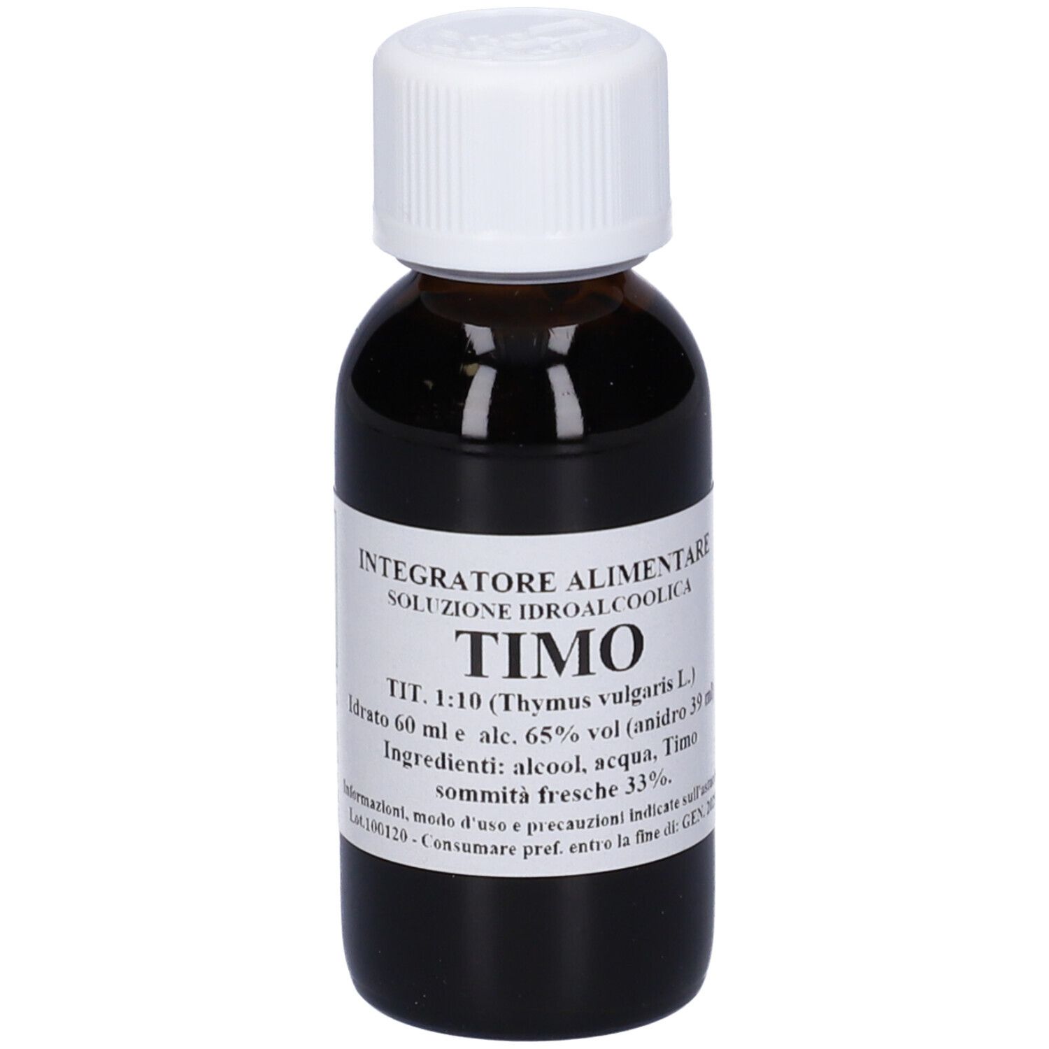 Flacone di vetro marrone con tappo bianco. Etichetta con informazioni sul prodotto. Scritta: Timo 60 ml. Produttore: L'Officina Del Contado.