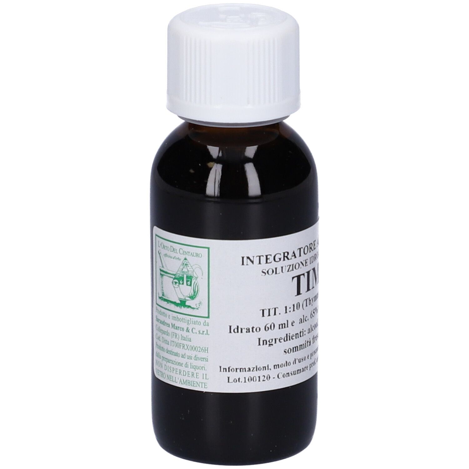 Flacone di vetro marrone con tappo bianco. Etichetta con informazioni sul prodotto. Scritta: Timo 60 ml. Produttore: L'Officina Del Contado.