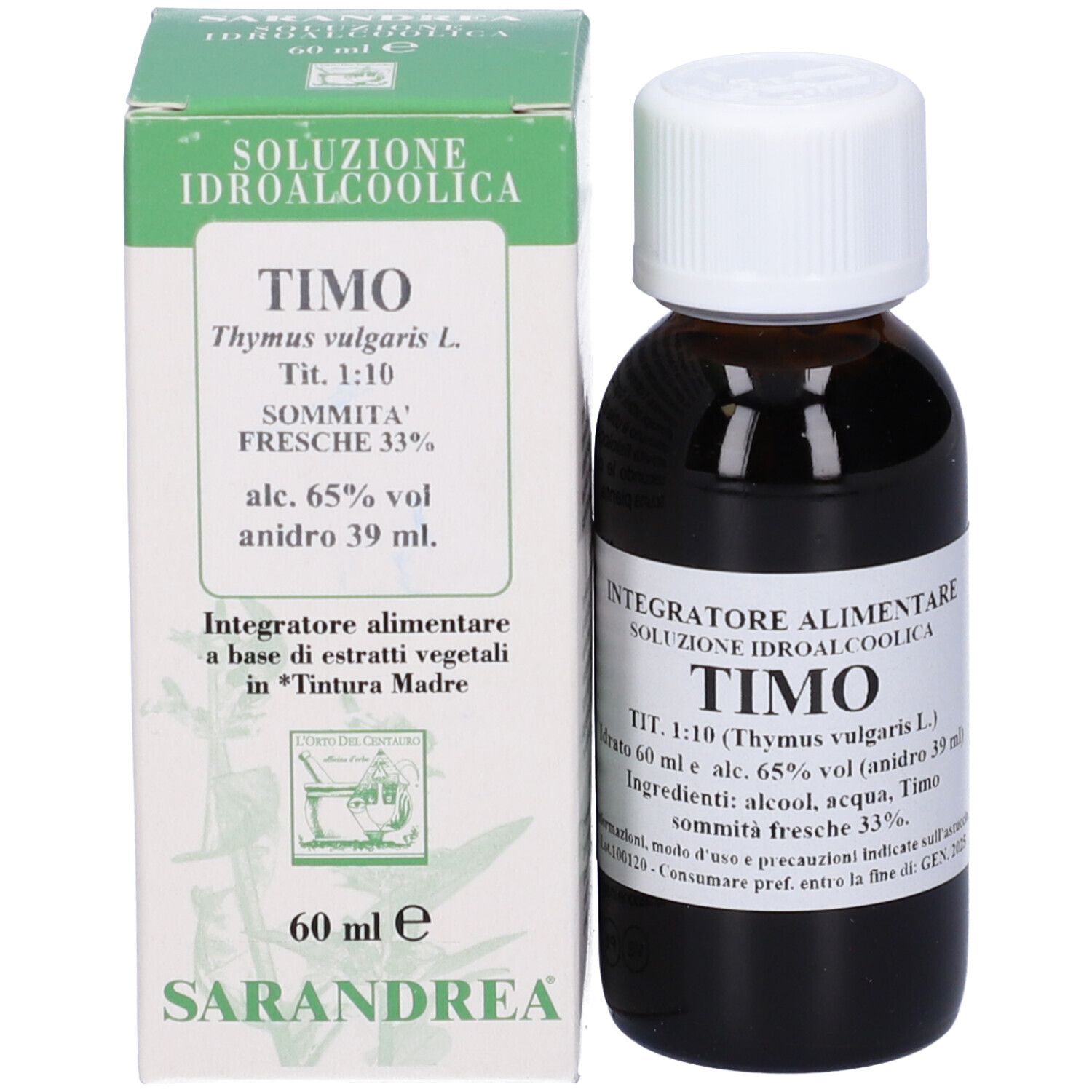 Flacone di vetro marrone con tappo bianco e confezione del prodotto. Scritta: Timo 60 ml. Produttore: Sarandrea.
