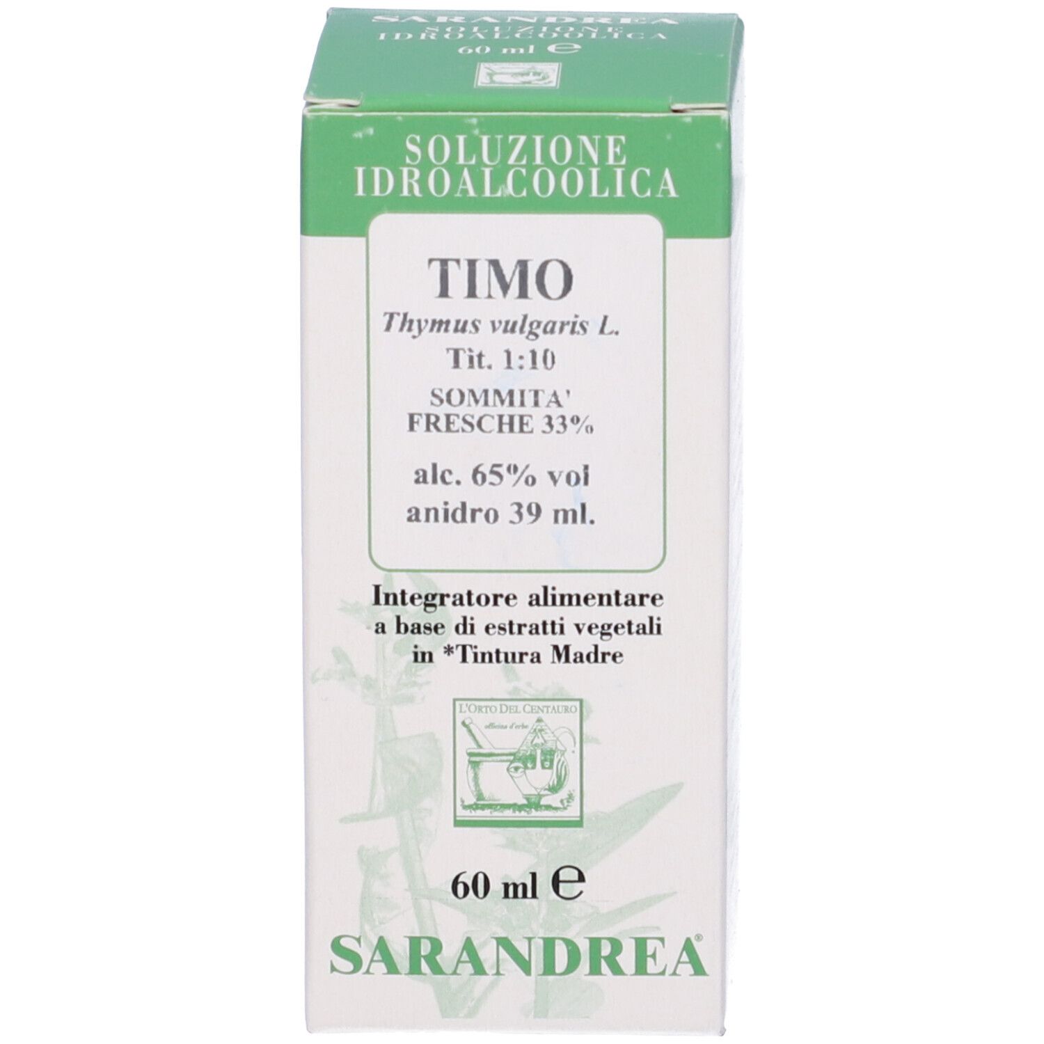 Confezione del prodotto con scritta: Timo 60 ml. Produttore: Sarandrea. Colori verde e bianco.