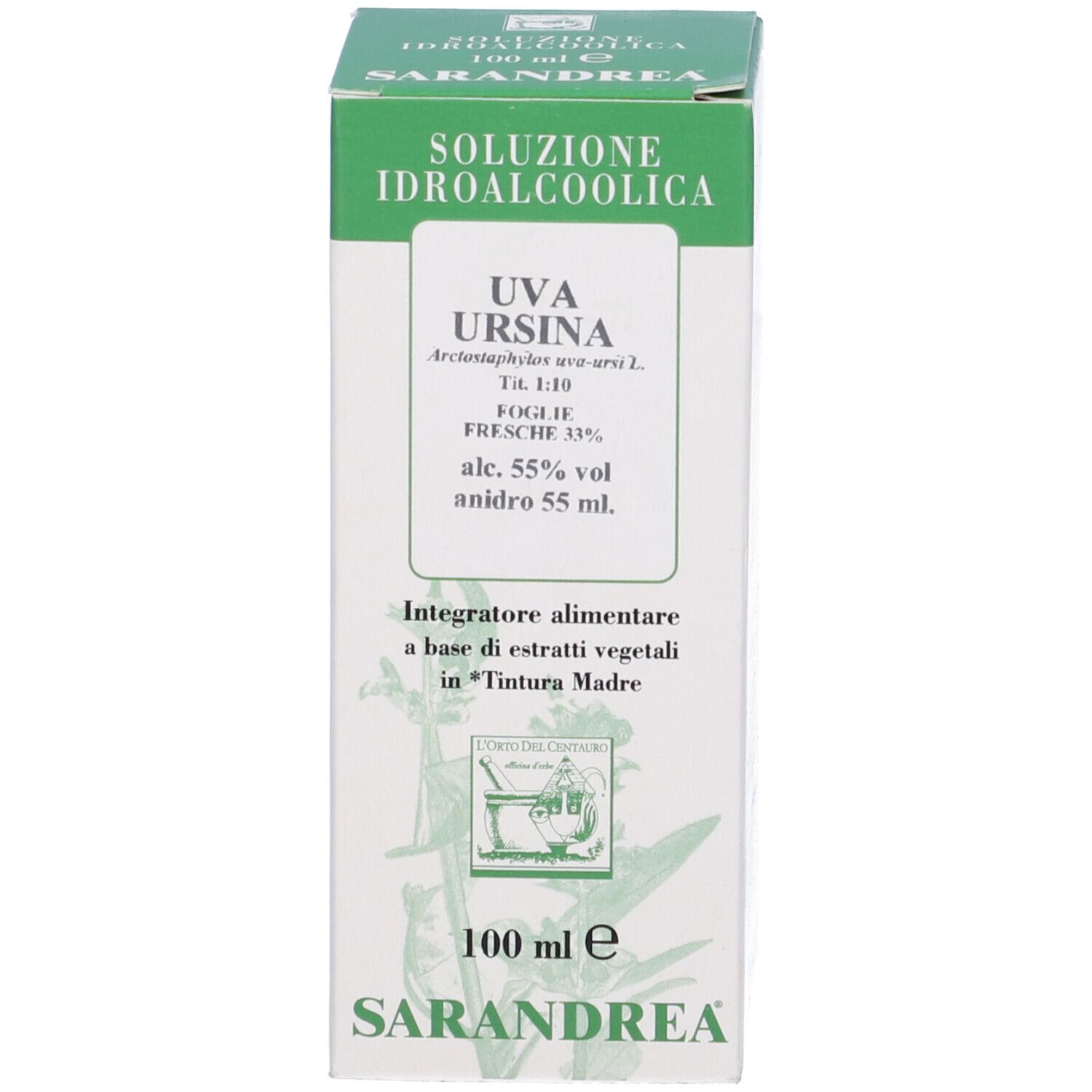 Scatola bianca con informazioni e logo del prodotto. Colori verde e bianco.