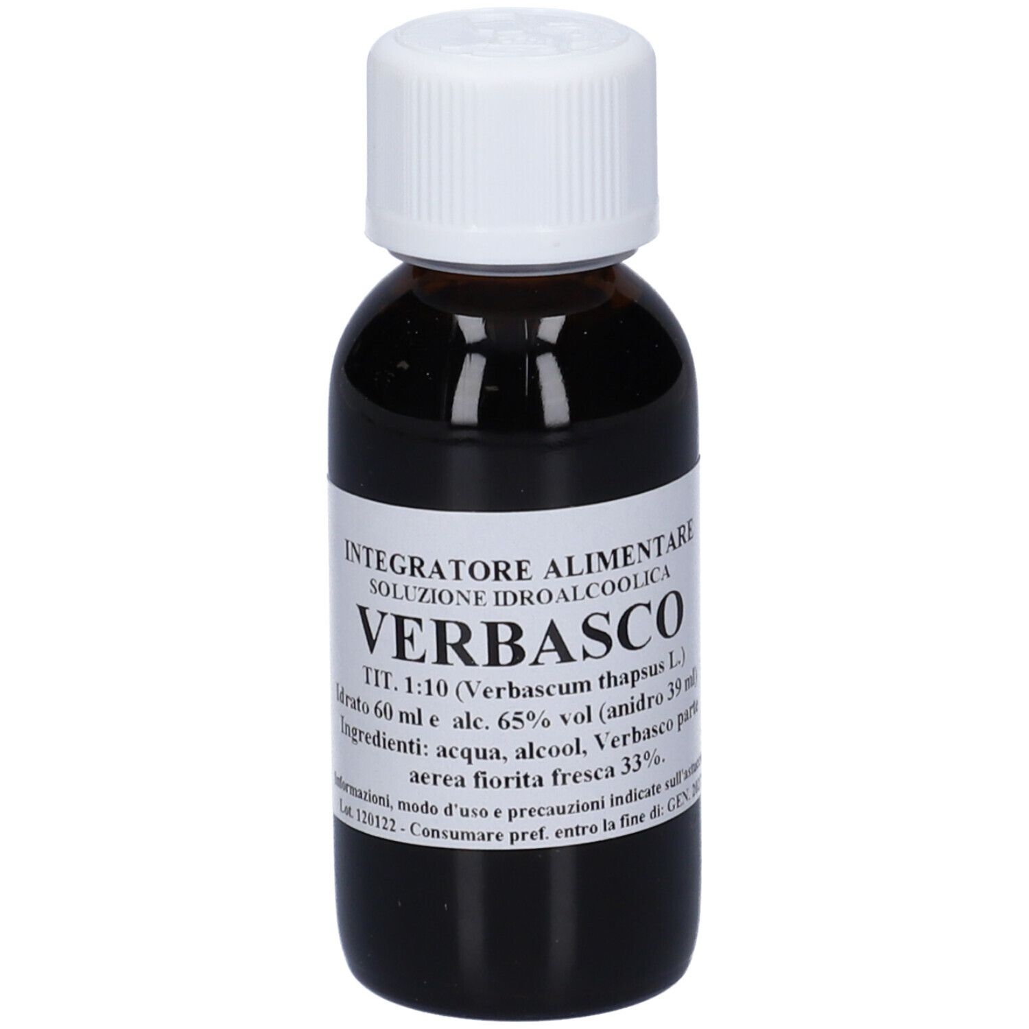 Flacone di vetro marrone con tappo bianco. L'etichetta riporta 'VERBASCO' e altre informazioni.