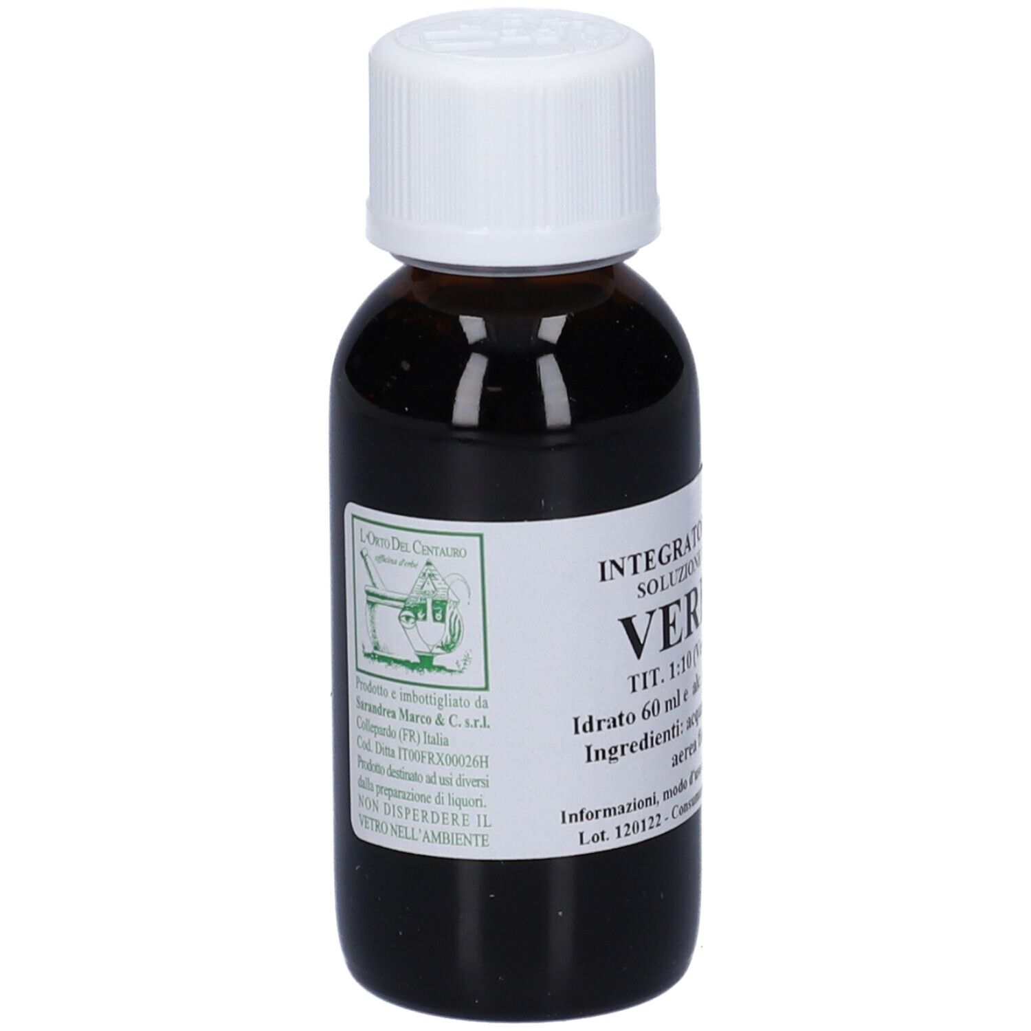 Flacone di vetro marrone con tappo bianco. Etichetta con 'VERBASCO' e dettagli del prodotto.