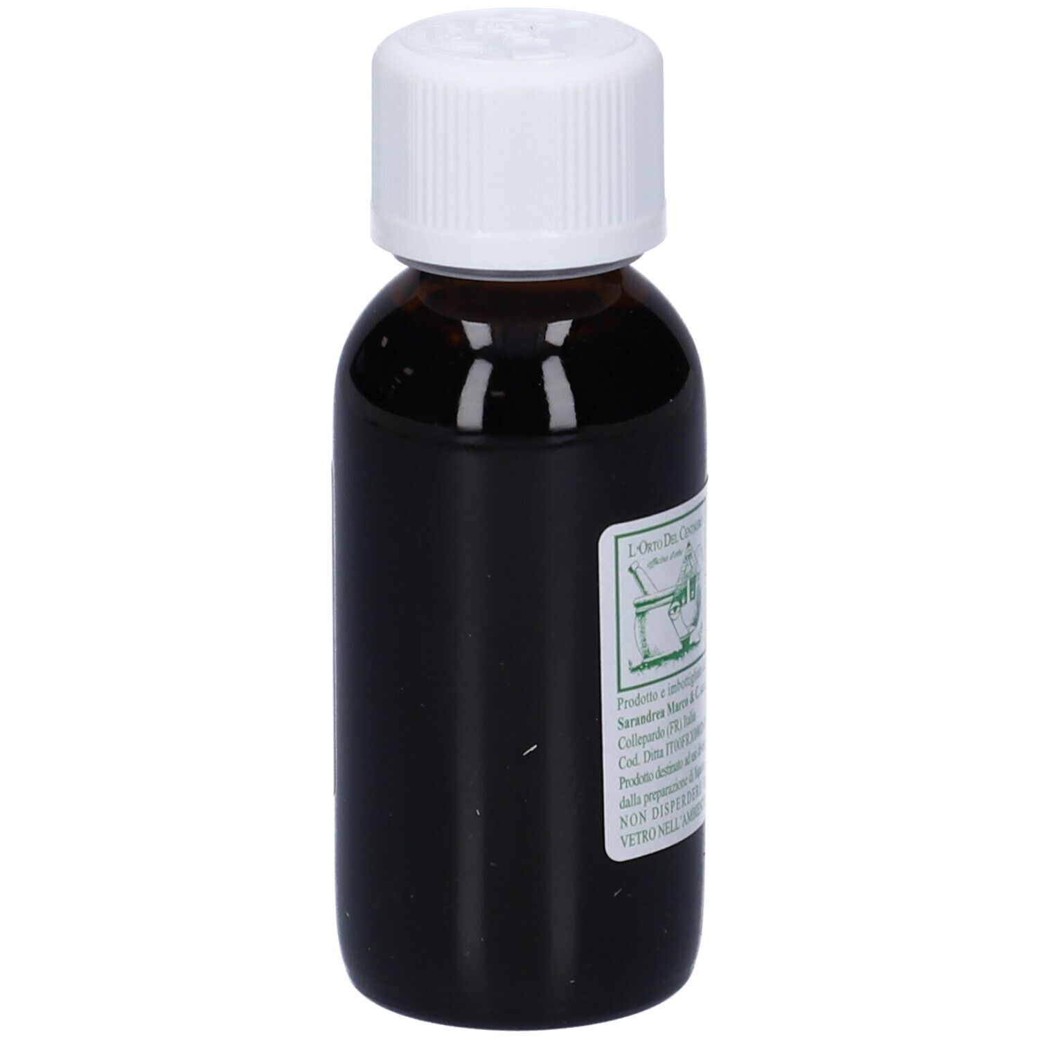 Flacone di vetro marrone con tappo bianco. Etichetta con 'VERBASCO' e dettagli del prodotto.