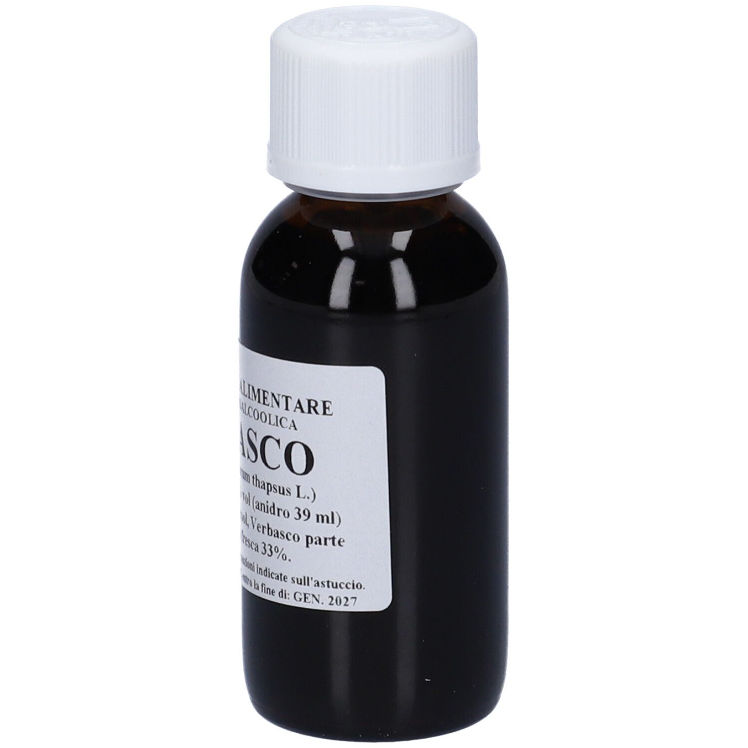 Flacone di vetro marrone con tappo bianco. Etichetta con 'VERBASCO' e dettagli del prodotto.