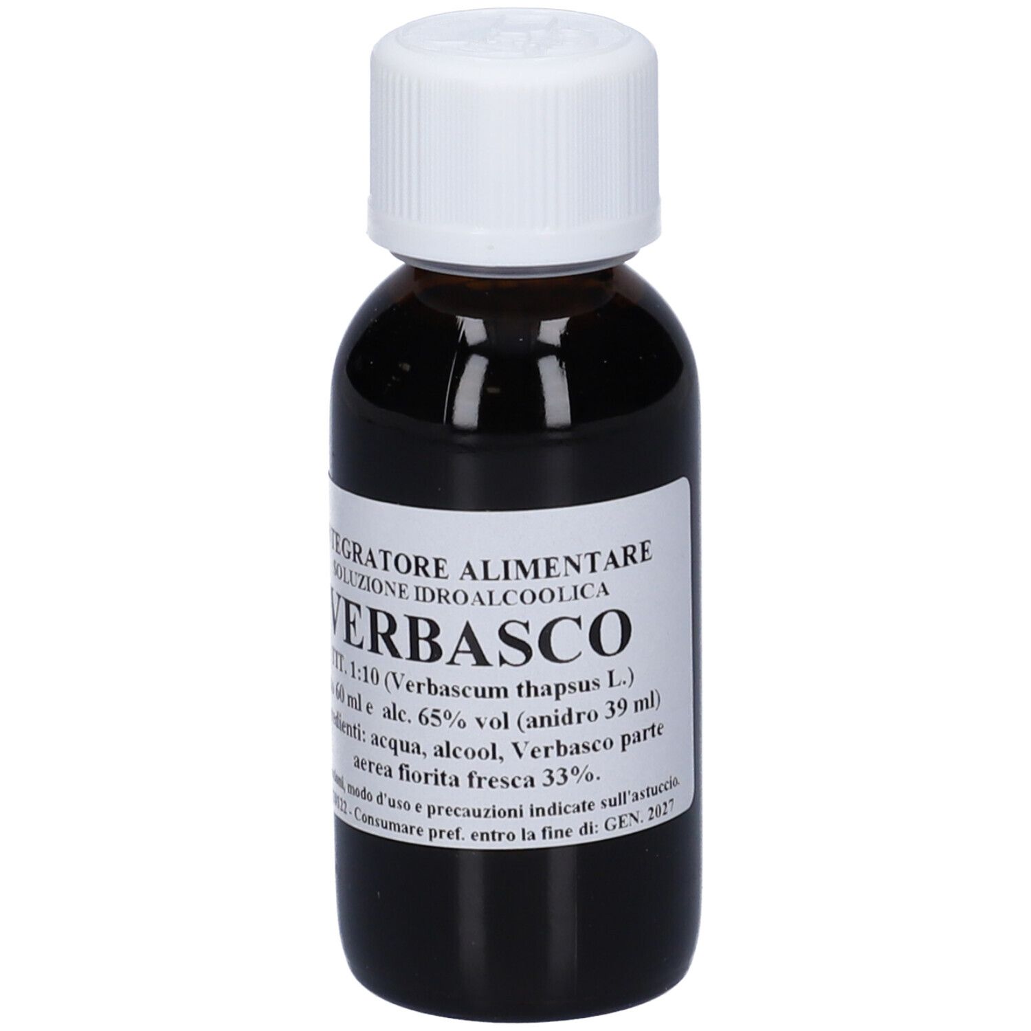 Flacone di vetro marrone con tappo bianco. Etichetta con 'VERBASCO' e dettagli del prodotto.