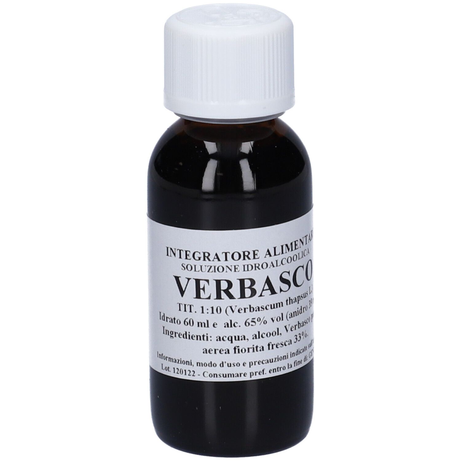 Flacone di vetro marrone con tappo bianco. Etichetta con 'VERBASCO' e dettagli del prodotto.
