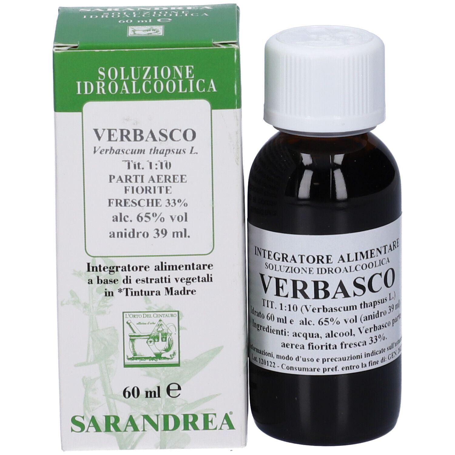 Flacone di vetro marrone con tappo bianco e scatola verde. La scatola indica 'VERBASCO'.