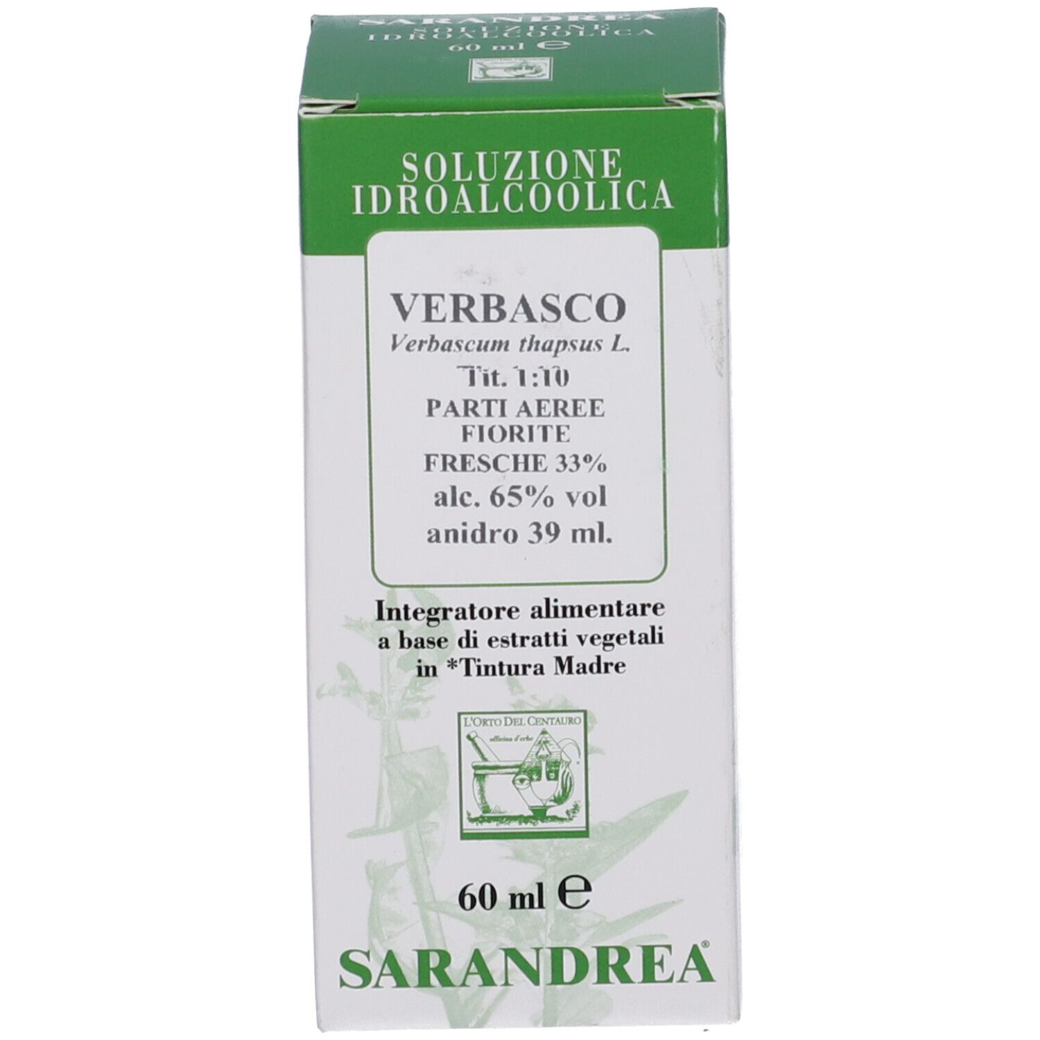 Scatola verde con informazioni sul prodotto. La scatola indica 'VERBASCO'.