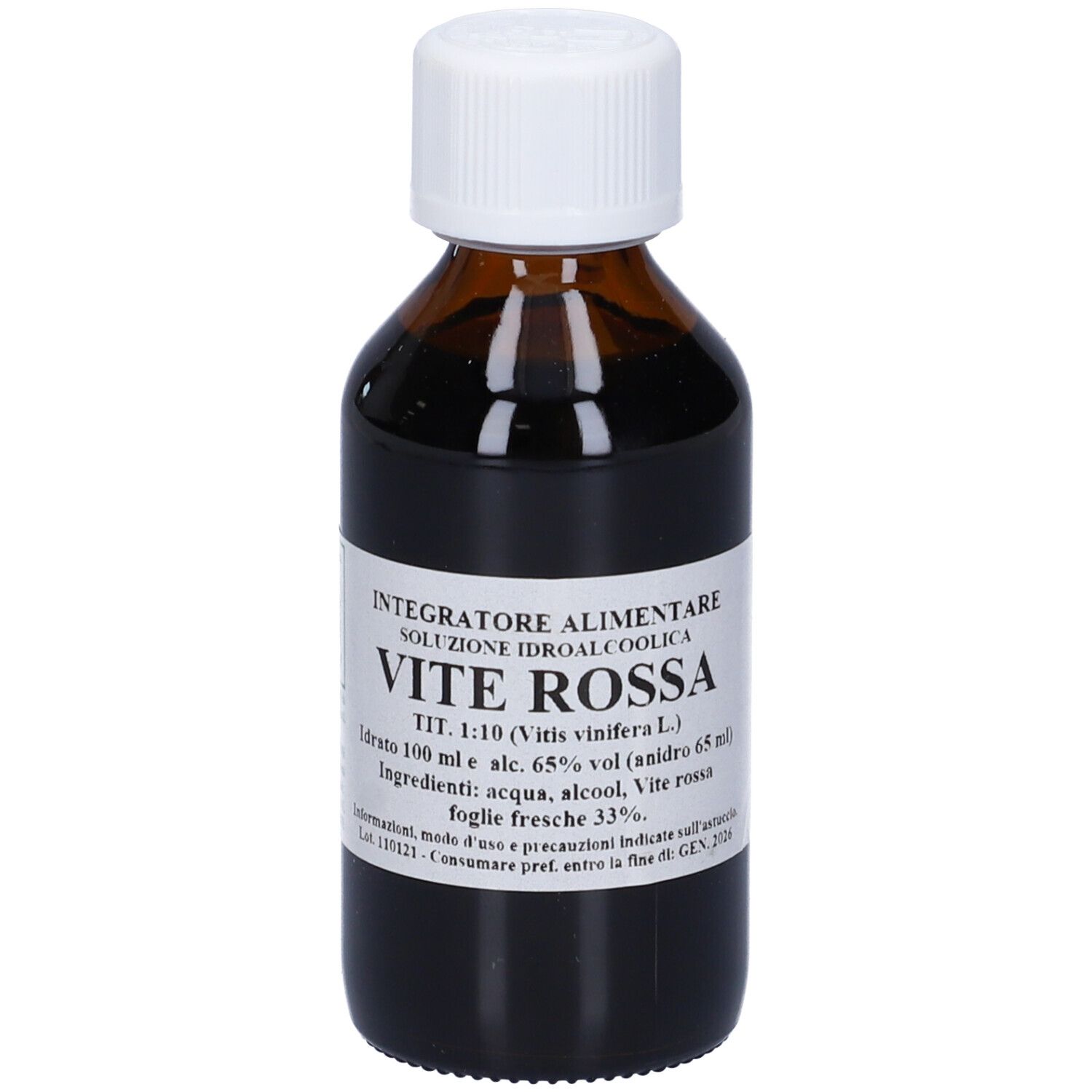 Flacone in vetro marrone con tappo bianco. Etichetta: VITE ROSSA, Integratore Alimentare. Testo in italiano.