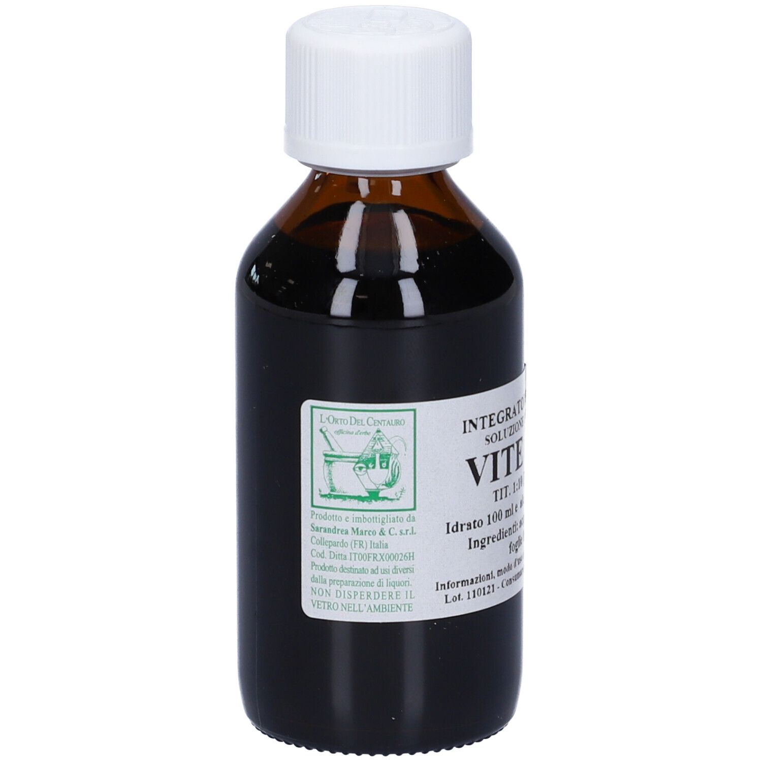 Flacone in vetro marrone con tappo bianco. Etichetta: VITE ROSSA, Integratore Alimentare. Testo in italiano.