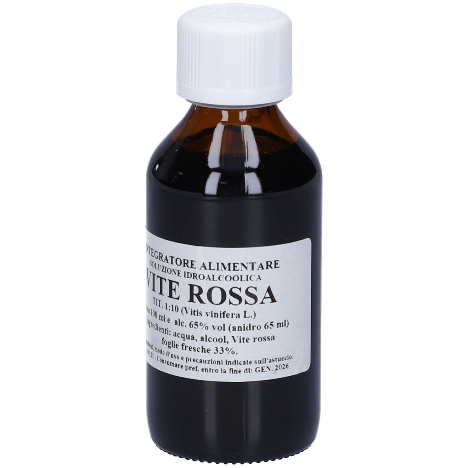 Flacone in vetro marrone con tappo bianco. Etichetta: VITE ROSSA, Integratore Alimentare. Testo in italiano.