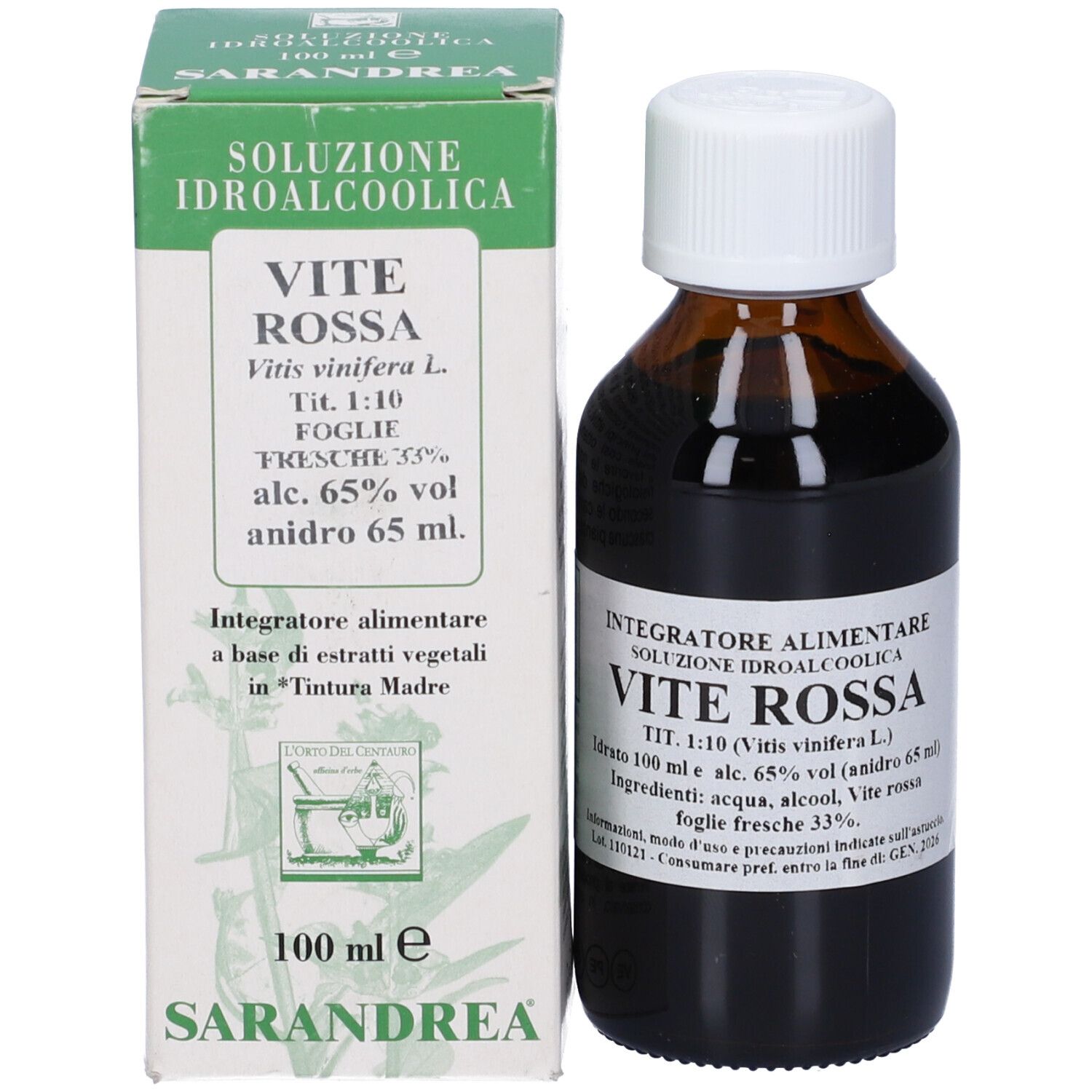 Flacone in vetro marrone con tappo bianco e confezione. VITE ROSSA sul flacone. SARANDREA sulla confezione.