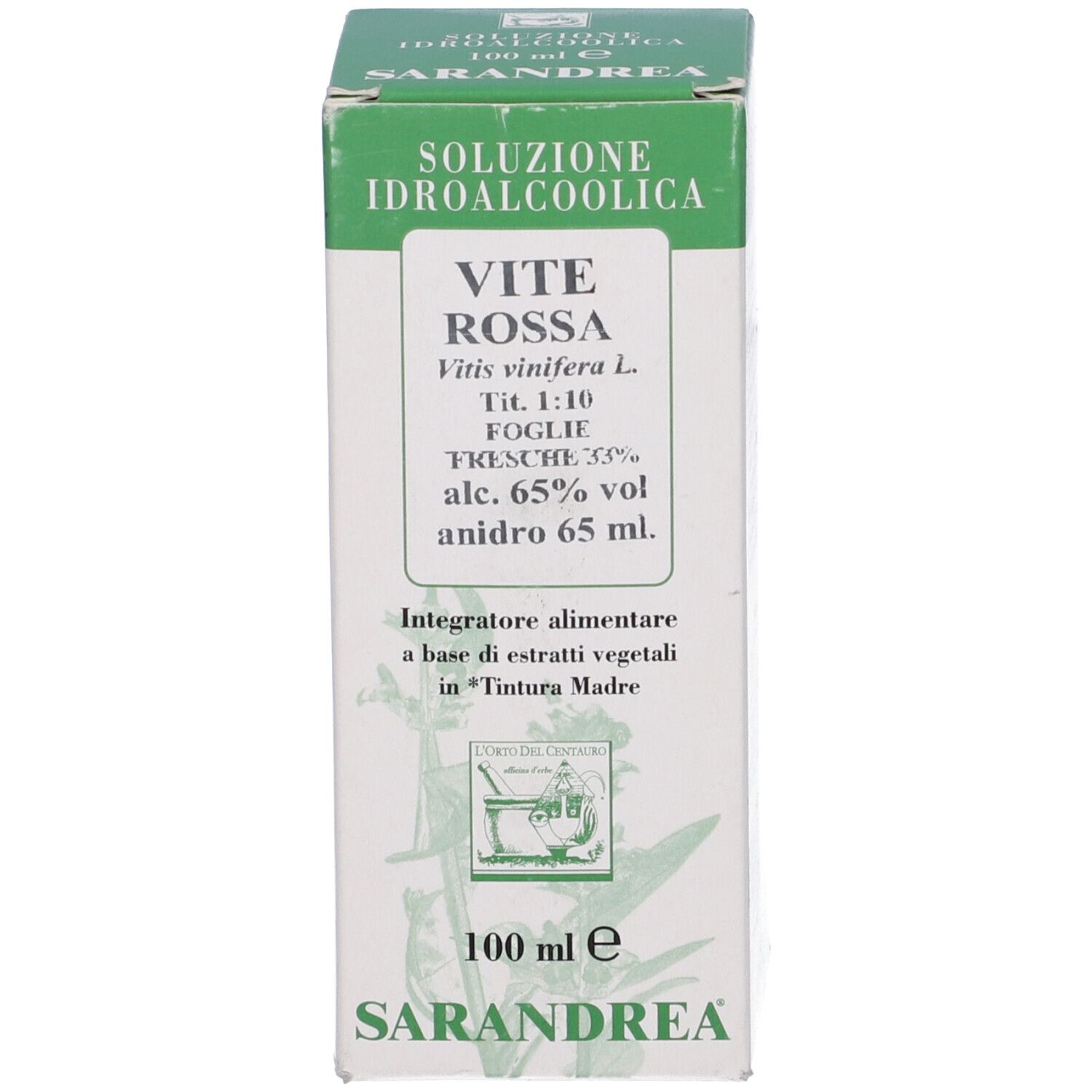 Confezione del prodotto con testo: VITE ROSSA, Soluzione Idroalcolica. Logo e testo: SARANDREA. Verde e bianco.