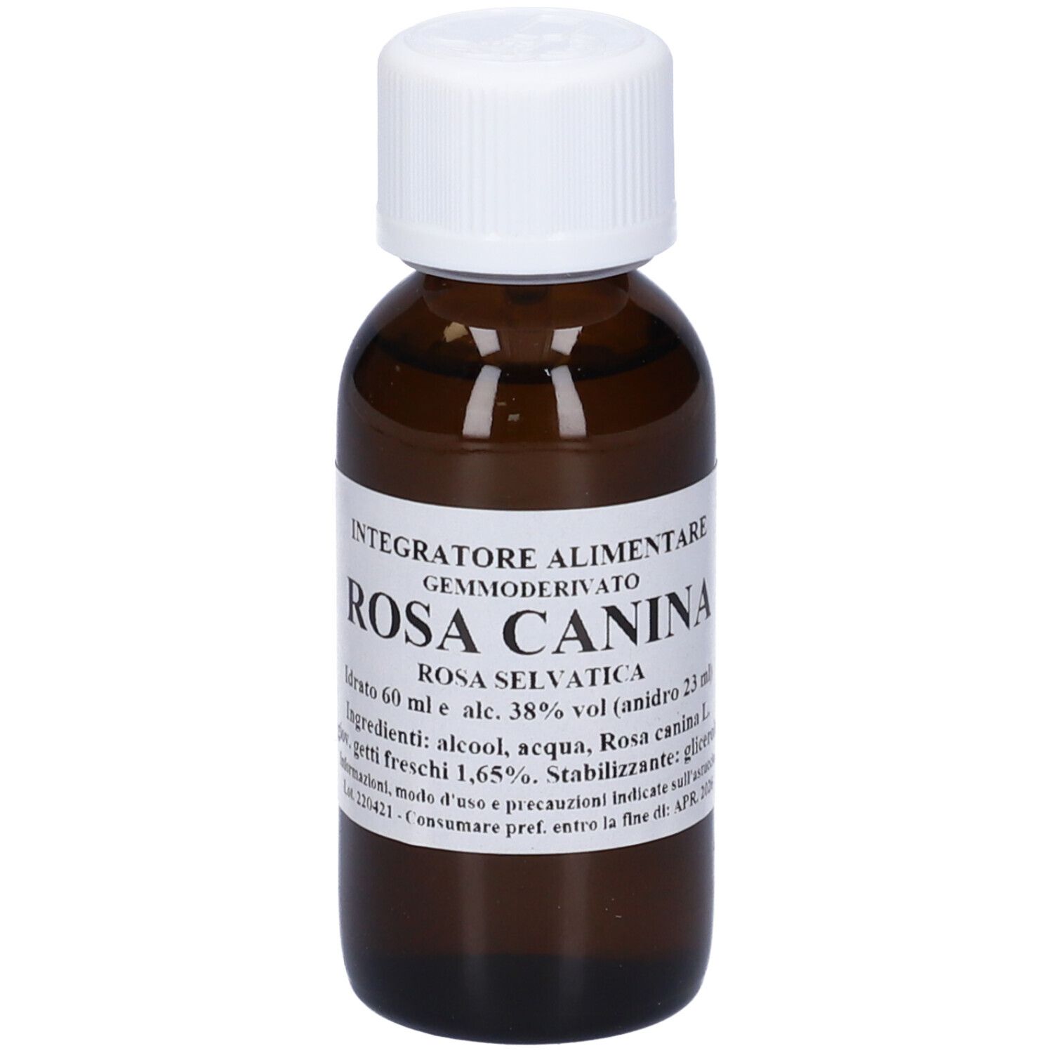 Flacone di vetro marrone con tappo bianco. Scritta: Rosa Canina, Rosa Selvatica, 60 ml, alc. 38%.