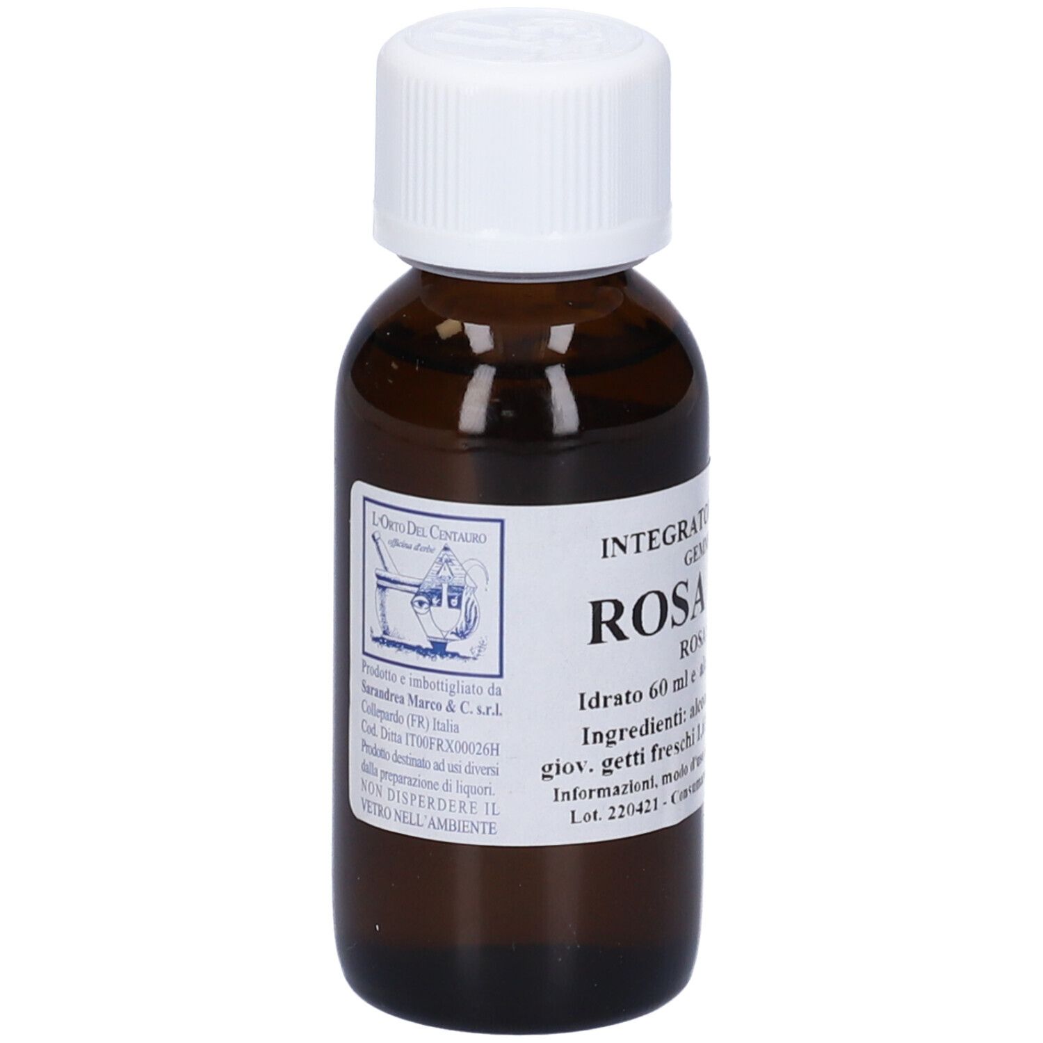 Flacone di vetro marrone con tappo bianco. Scritta: Rosa Canina, Rosa Selvatica, 60 ml, alc. 38%.