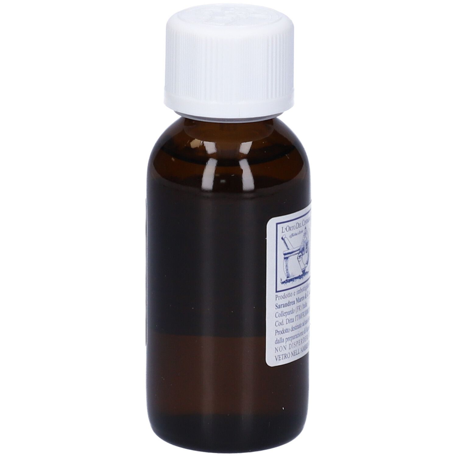 Flacone di vetro marrone con tappo bianco. Scritta: Rosa Canina, Rosa Selvatica, 60 ml, alc. 38%.