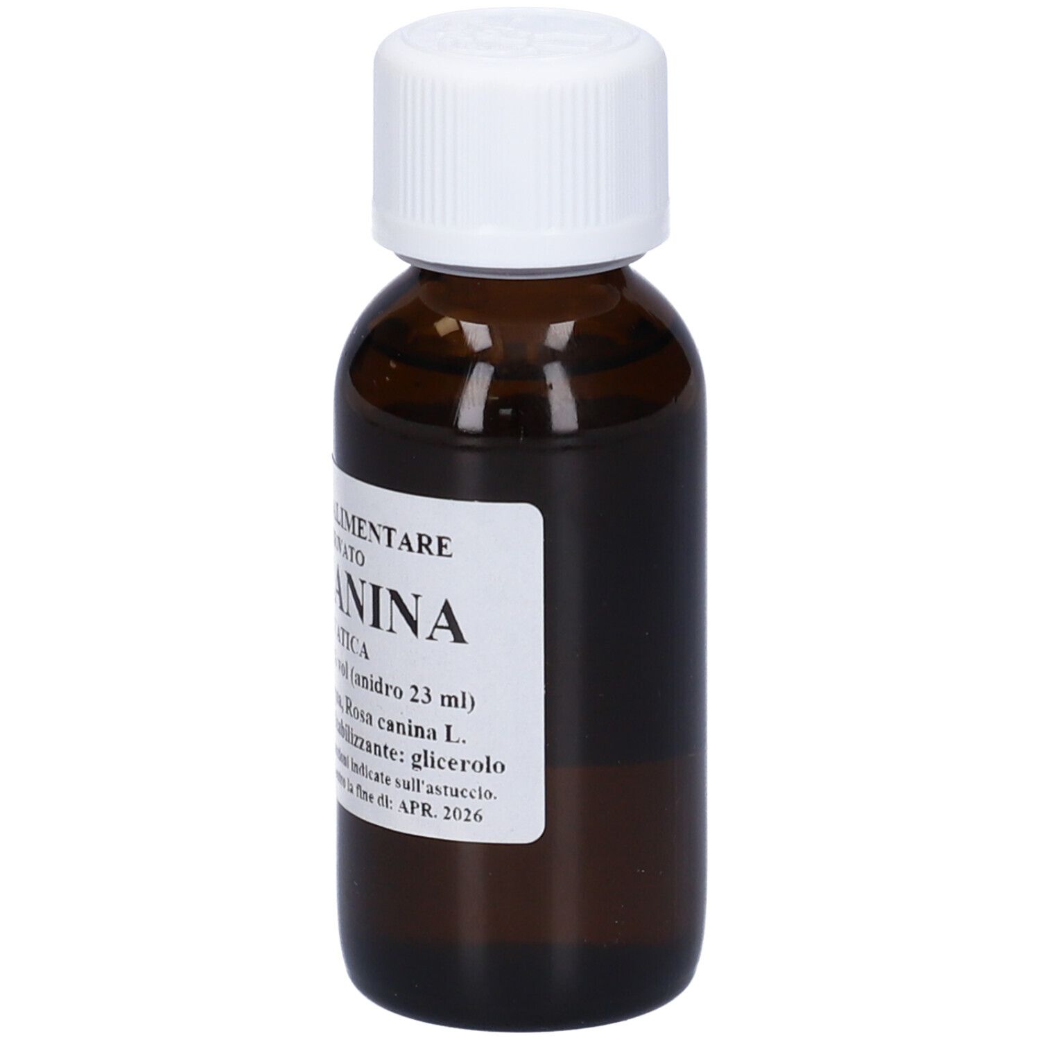 Flacone di vetro marrone con tappo bianco. Scritta: Rosa Canina, Rosa Selvatica, 60 ml, alc. 38%.