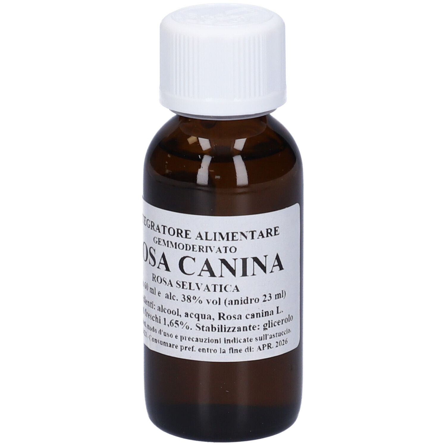 Flacone di vetro marrone con tappo bianco. Scritta: Rosa Canina, Rosa Selvatica, 60 ml, alc. 38%.