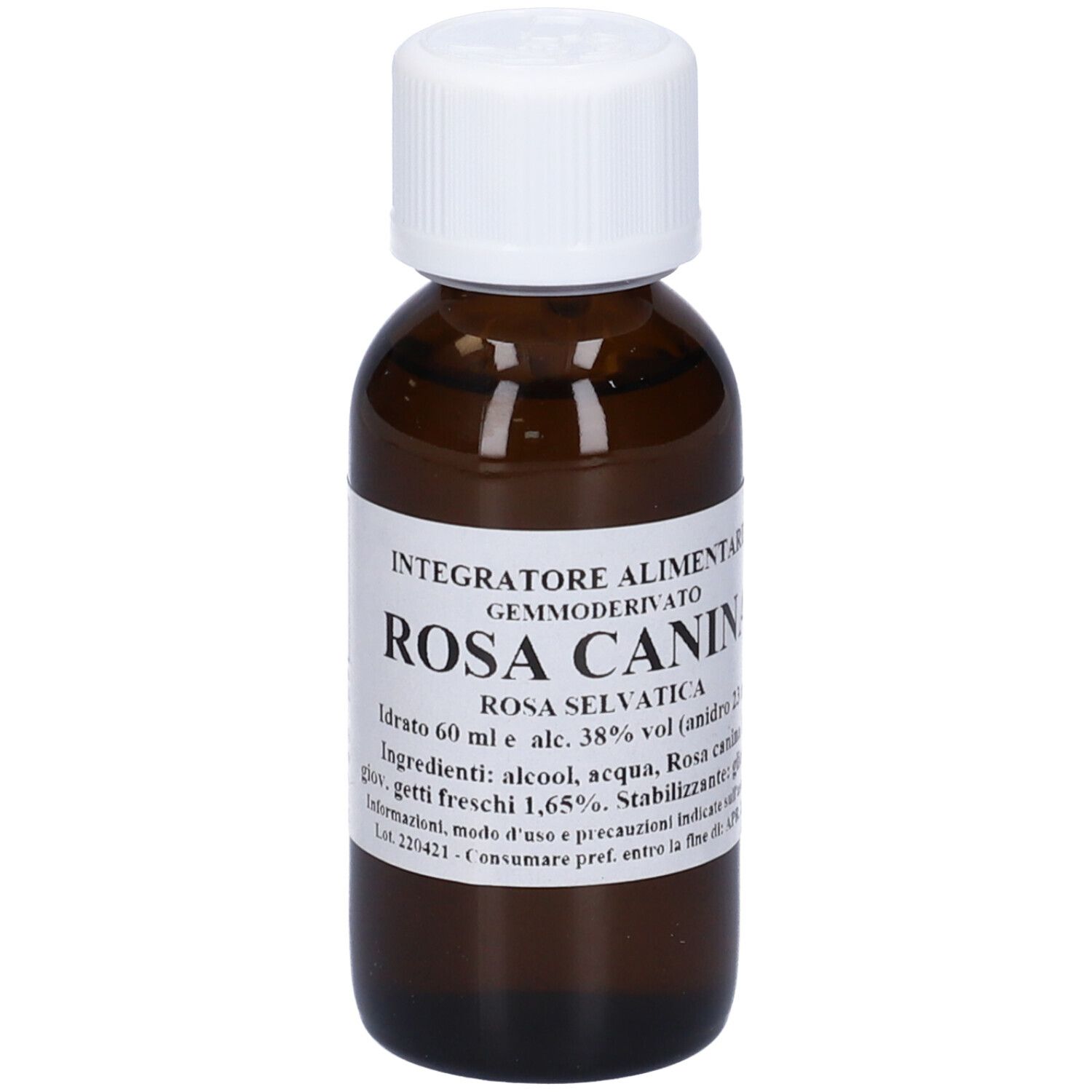 Flacone di vetro marrone con tappo bianco. Scritta: Rosa Canina, Rosa Selvatica, 60 ml, alc. 38%.