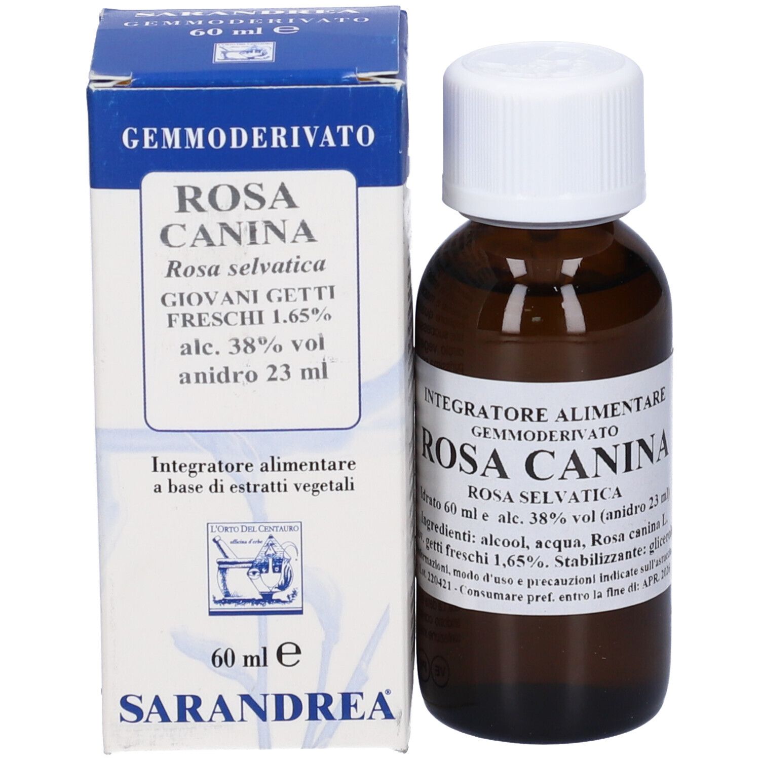 Flacone di vetro marrone con tappo bianco e scatola. Scritta: Rosa Canina, 60 ml, Sarandrea.
