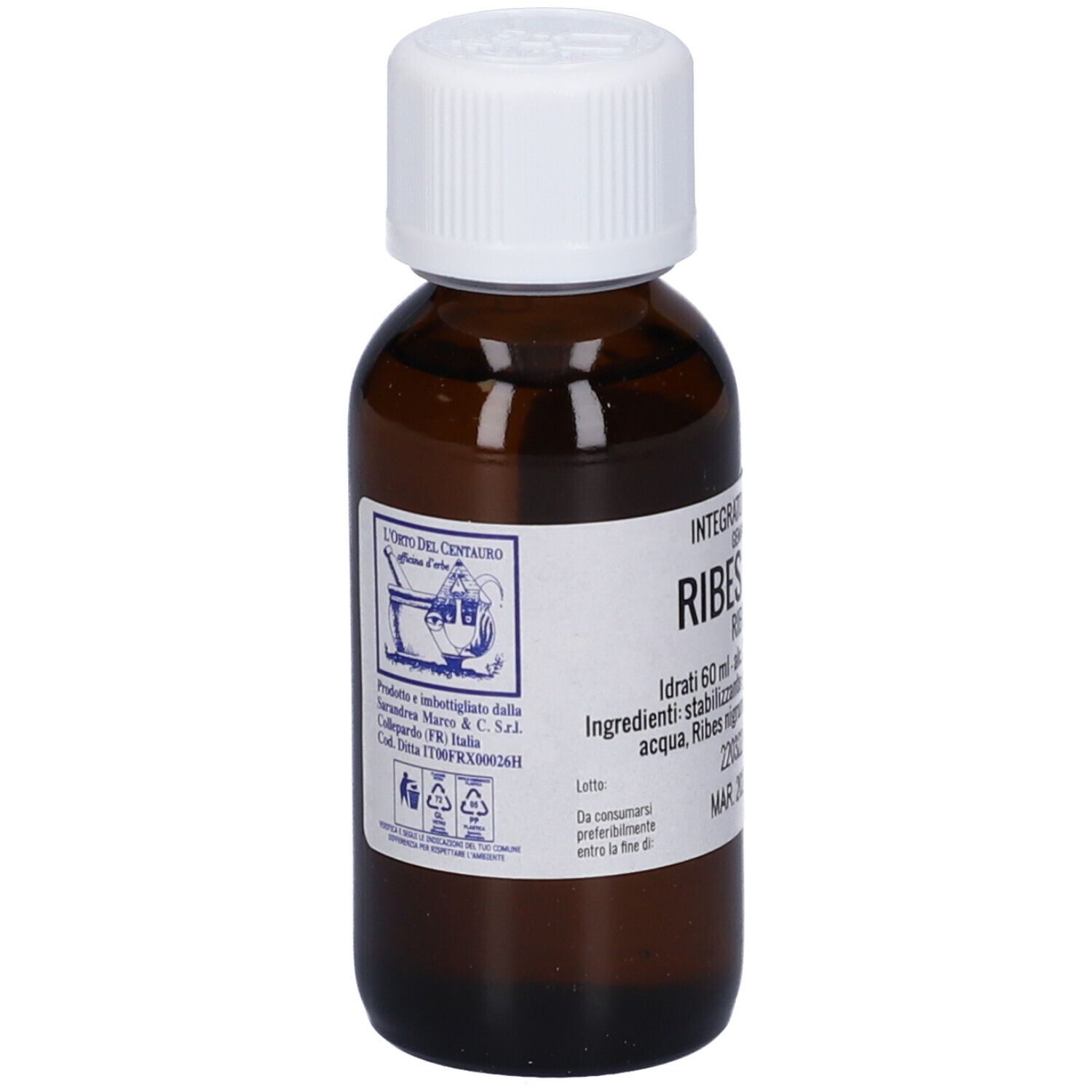 Flacone di vetro marrone con tappo bianco. Scritta: Ribes, 60 ml. Etichetta con ingredienti.
