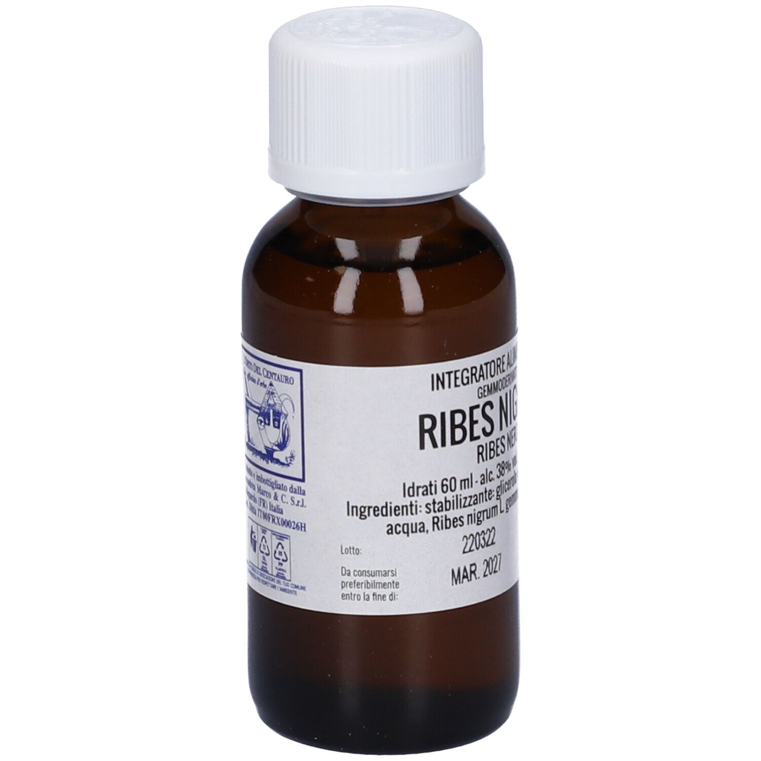 Flacone di vetro marrone con tappo bianco. Scritta: Ribes Nigrum.